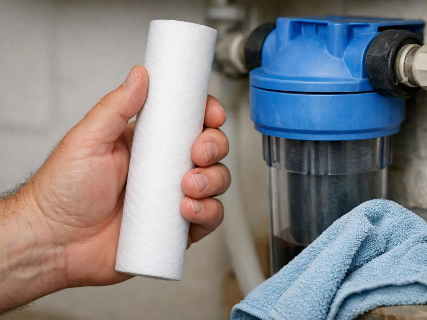 A hand holds a white cylindrical filter cartridge beside a blue water filter housing with a cloth nearby
