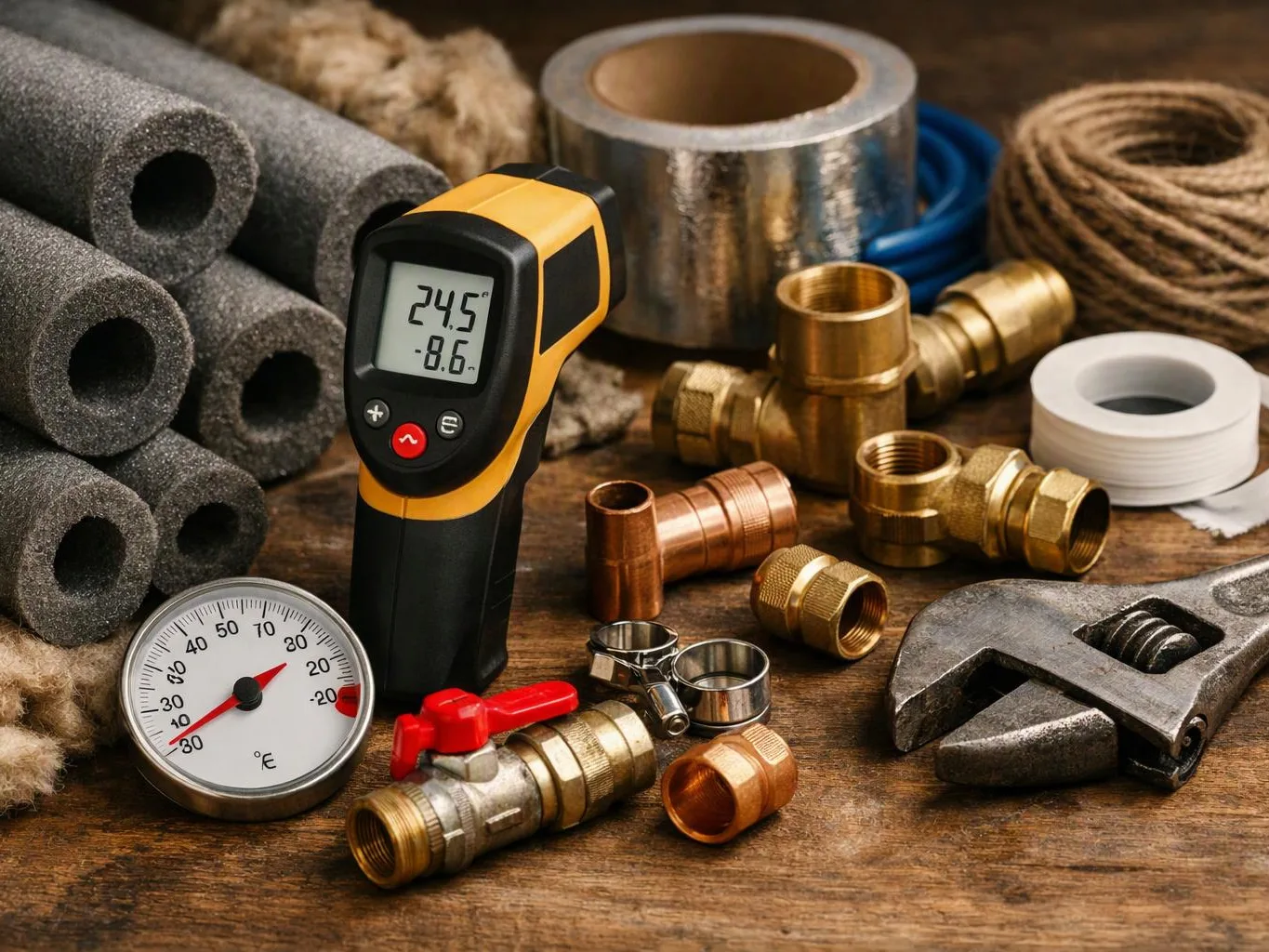 A handheld thermometer stands among insulated pipes, brass fittings, duct tape, and wrenches on a wooden workbench