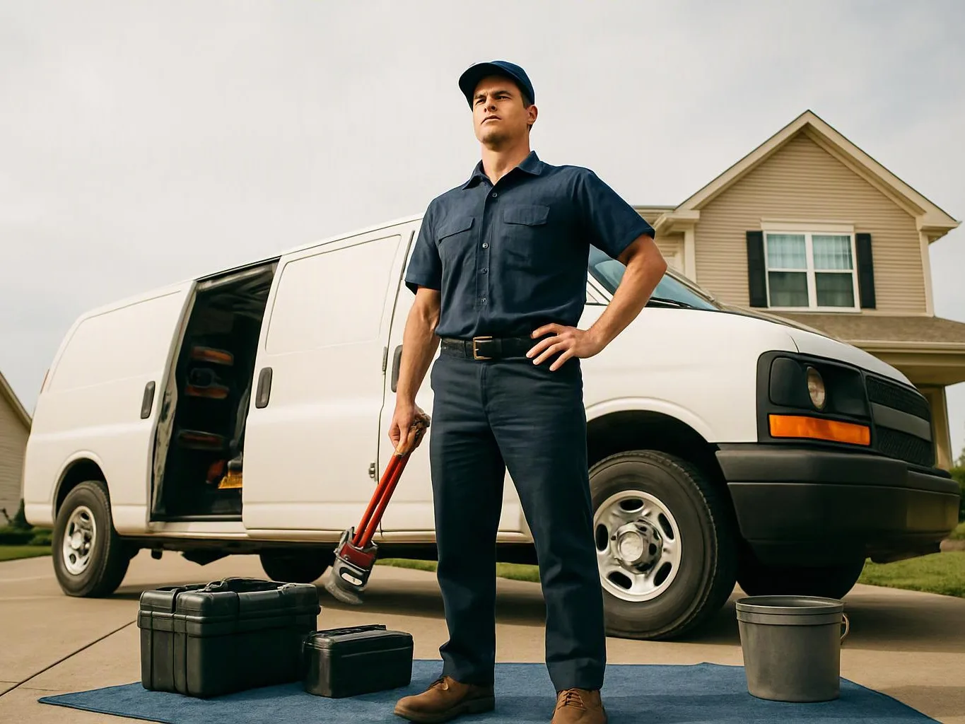 A handyman stands with a pipe wrench beside a white work van and tools in a driveway