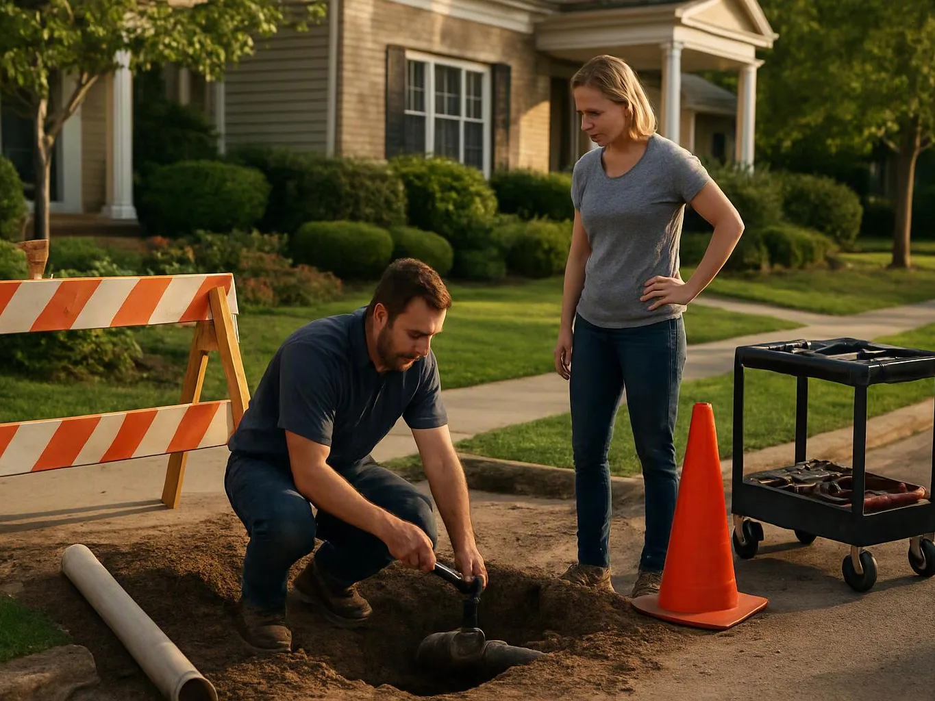 A man repairs a broken pipe in a roadside trench while a woman watches beside orange cones and a barricade