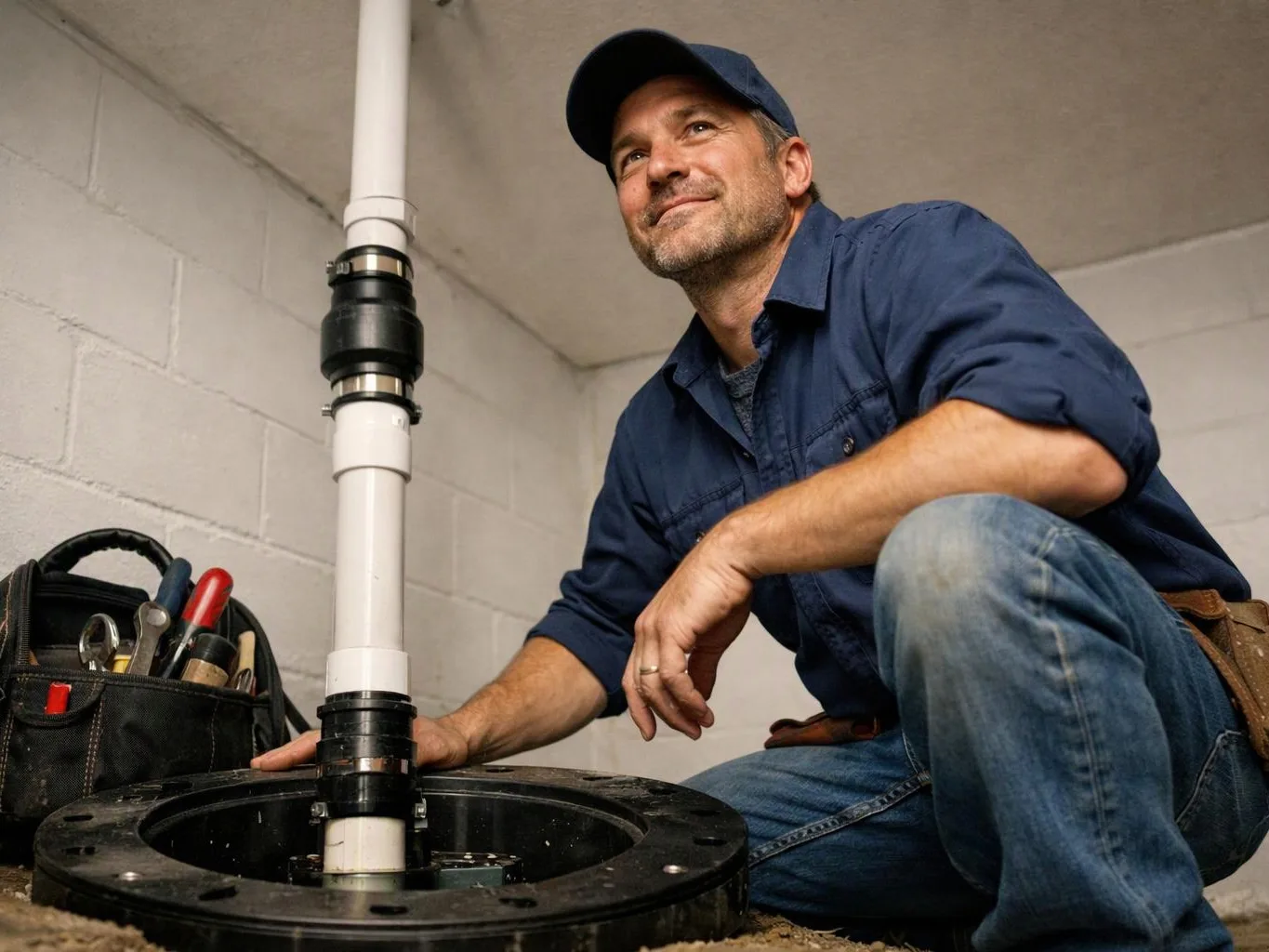 A kneeling plumber inspects white pipes beside a black tool bag in a basement room