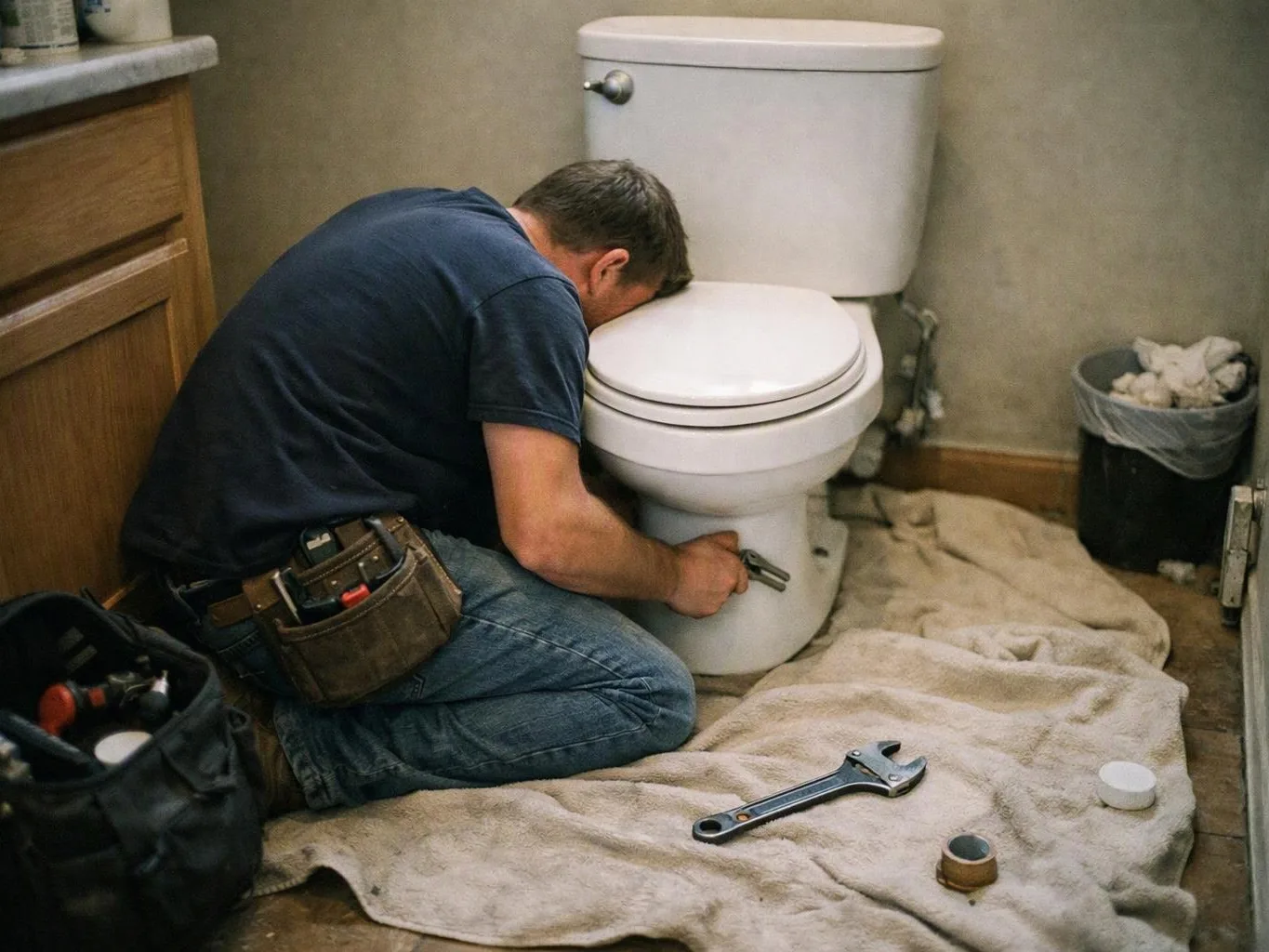 A kneeling plumber works on a toilet in a small bathroom with tools and towels spread around