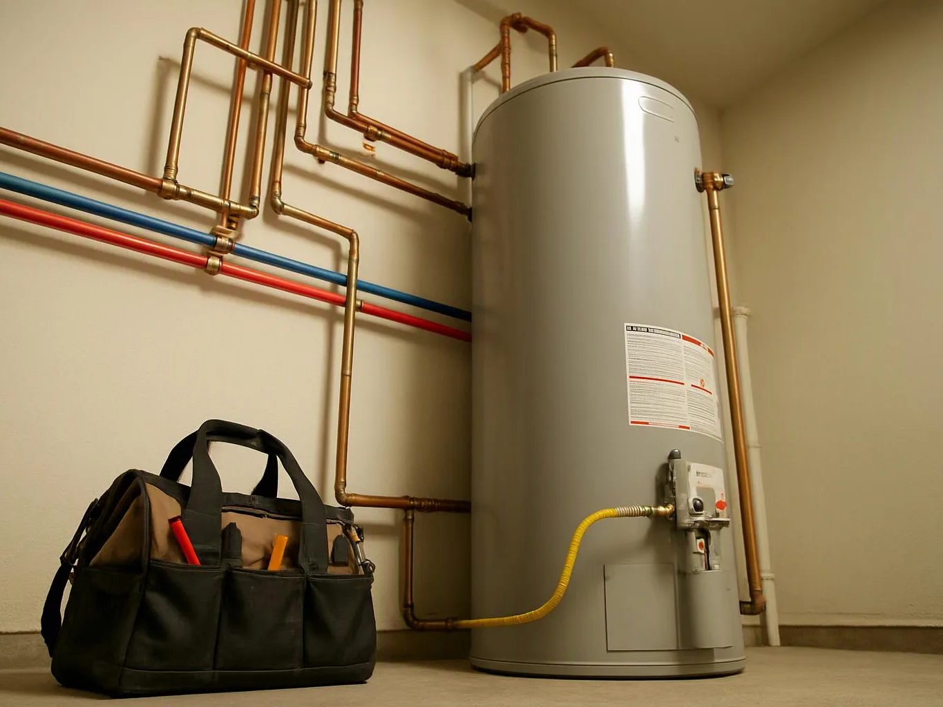 A large water heater stands beside copper pipes, with a tool bag on the floor in a utility room