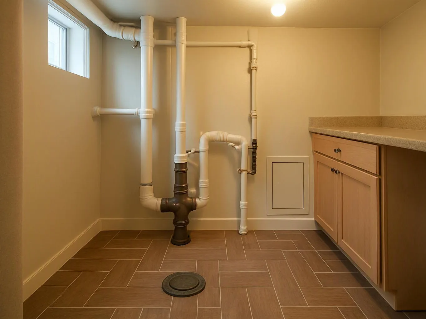Laundry room with exposed white and dark plumbing pipes, tan tile floor, and a countertop cabinet on the right