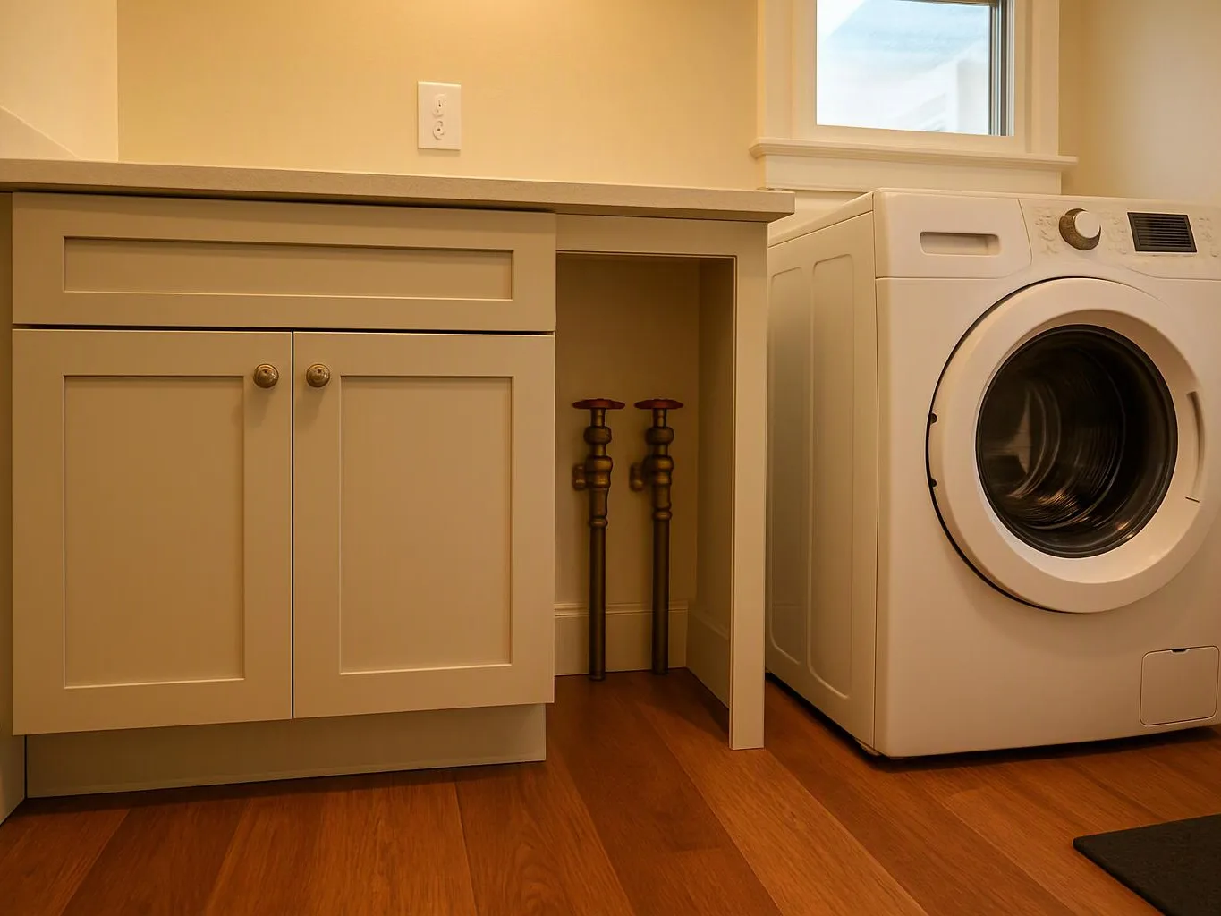 A laundry room shows a white front-load washer beside a cabinet with exposed pipes underneath the countertop