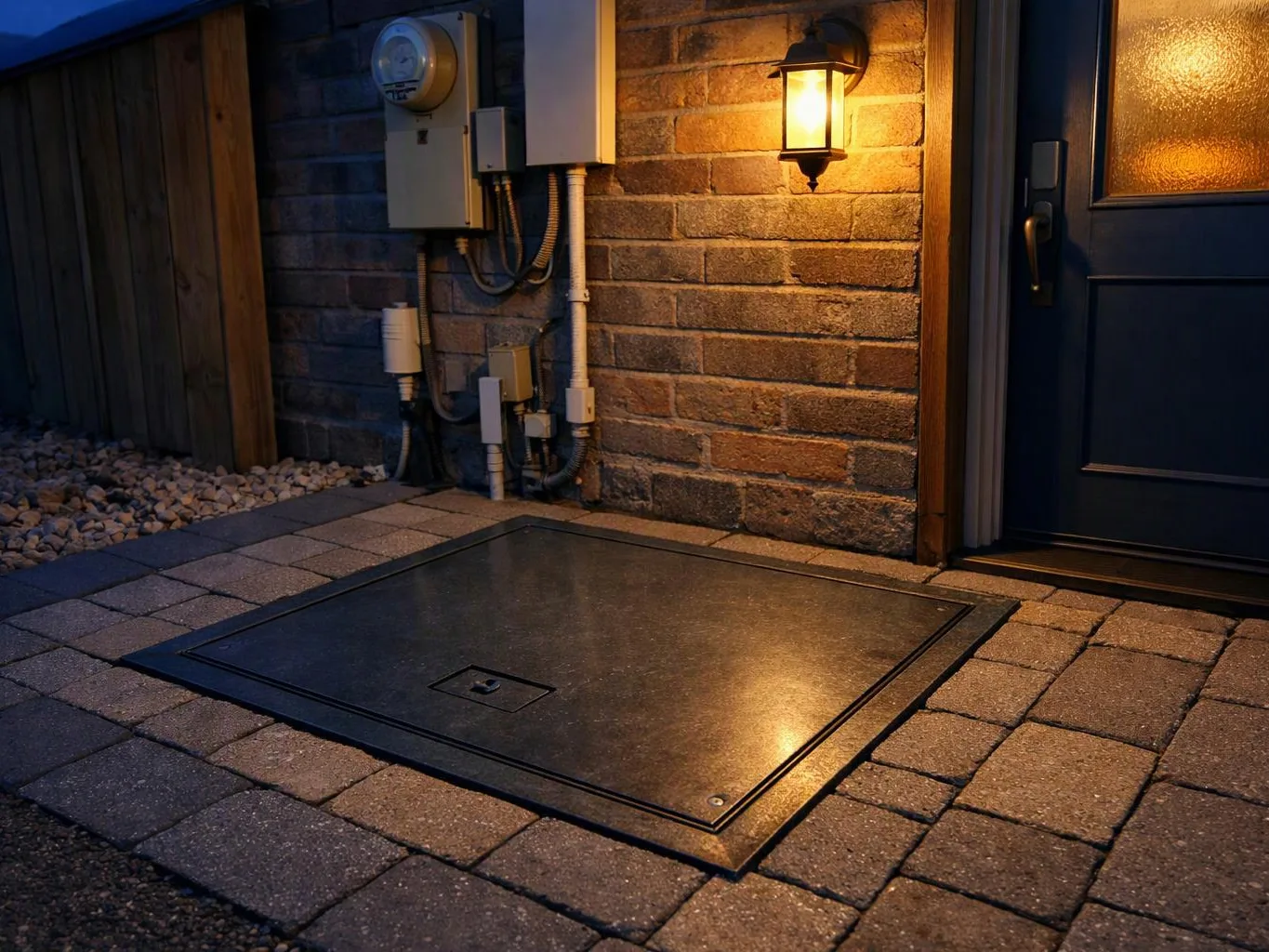 A lit brick entryway shows a dark utility hatch in a paved patio beside a front door and wall fixtures