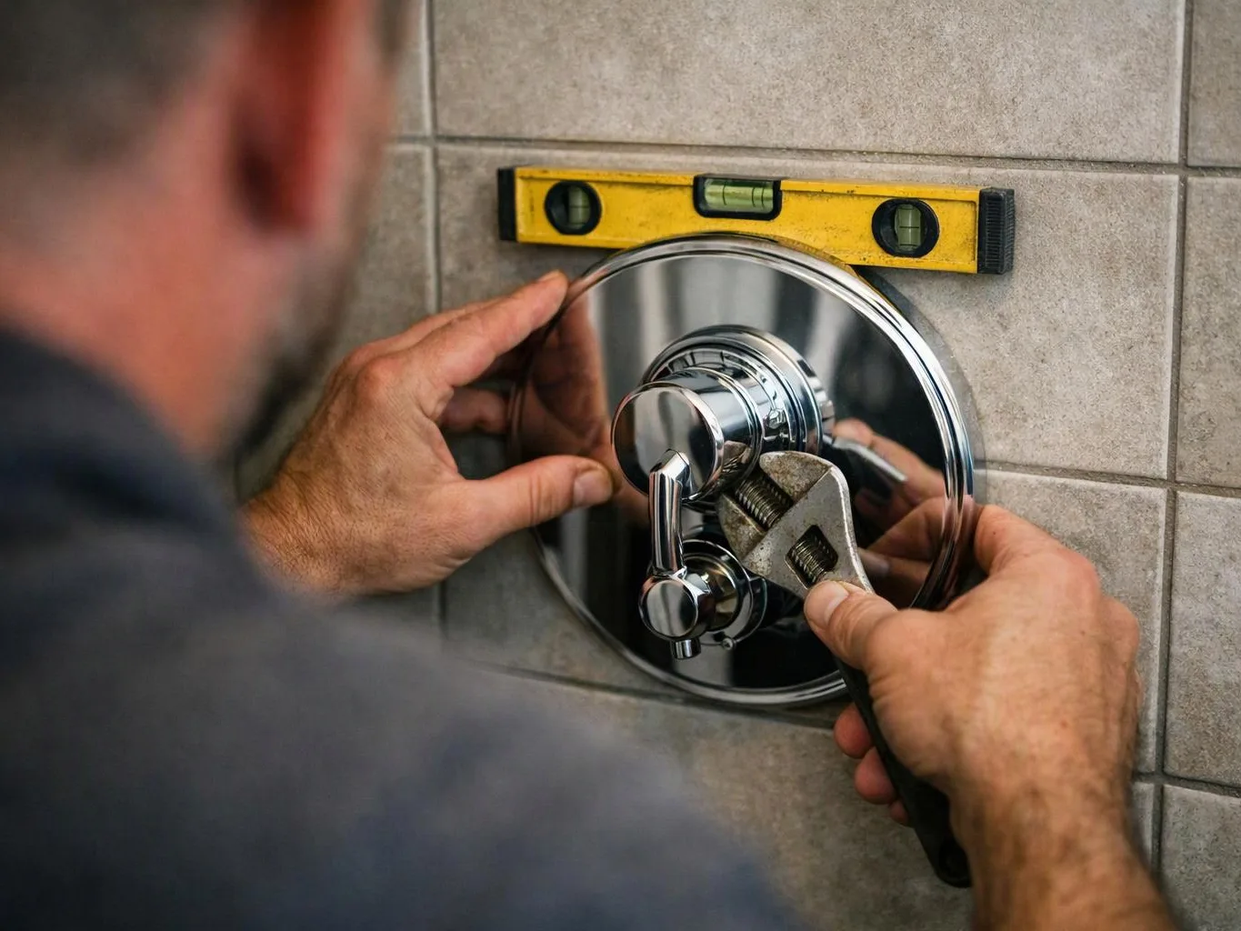 A man adjusts a chrome shower valve with a wrench, using a yellow level against tiled wall