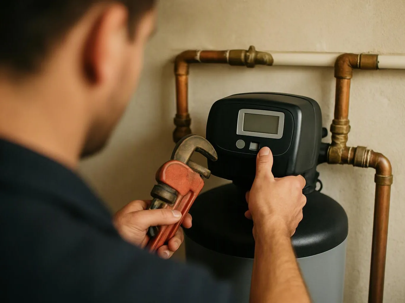 A man adjusts a water heater control panel while holding a red pipe wrench beside copper pipes