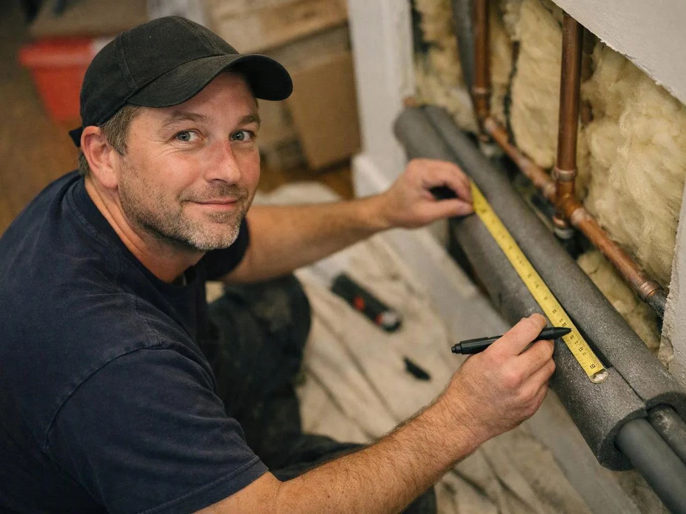 A man in a black cap measures insulated pipes with a tape measure beside exposed plumbing indoors