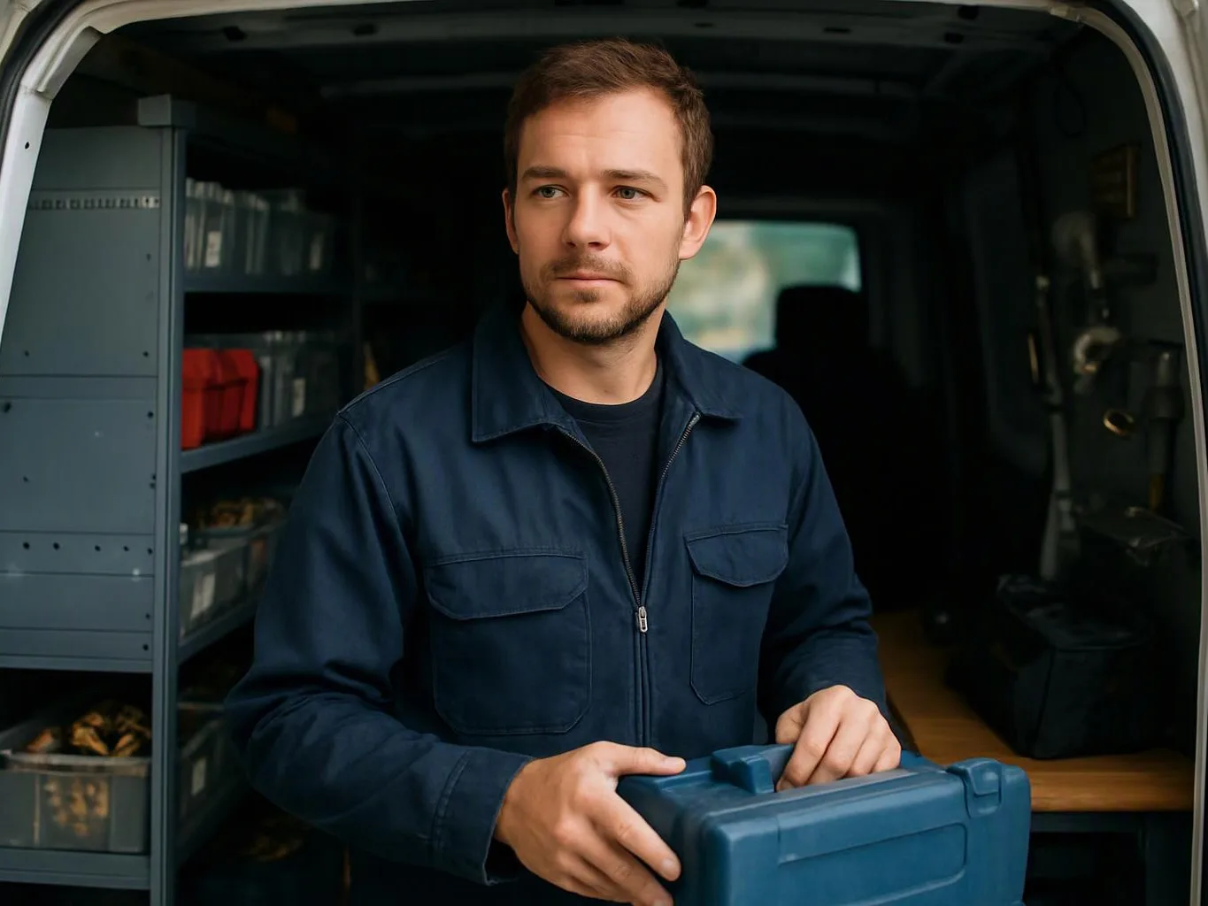 A man in a blue work jacket stands inside a van holding a blue toolbox near storage shelves