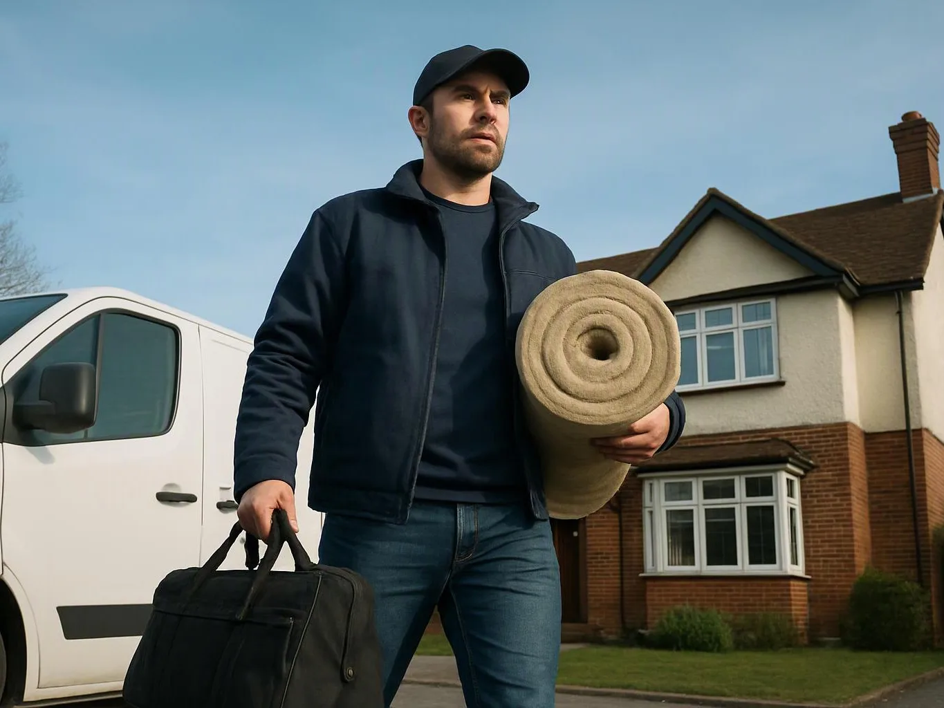 A man in a cap carries a rolled mat and a black bag beside a white van and house
