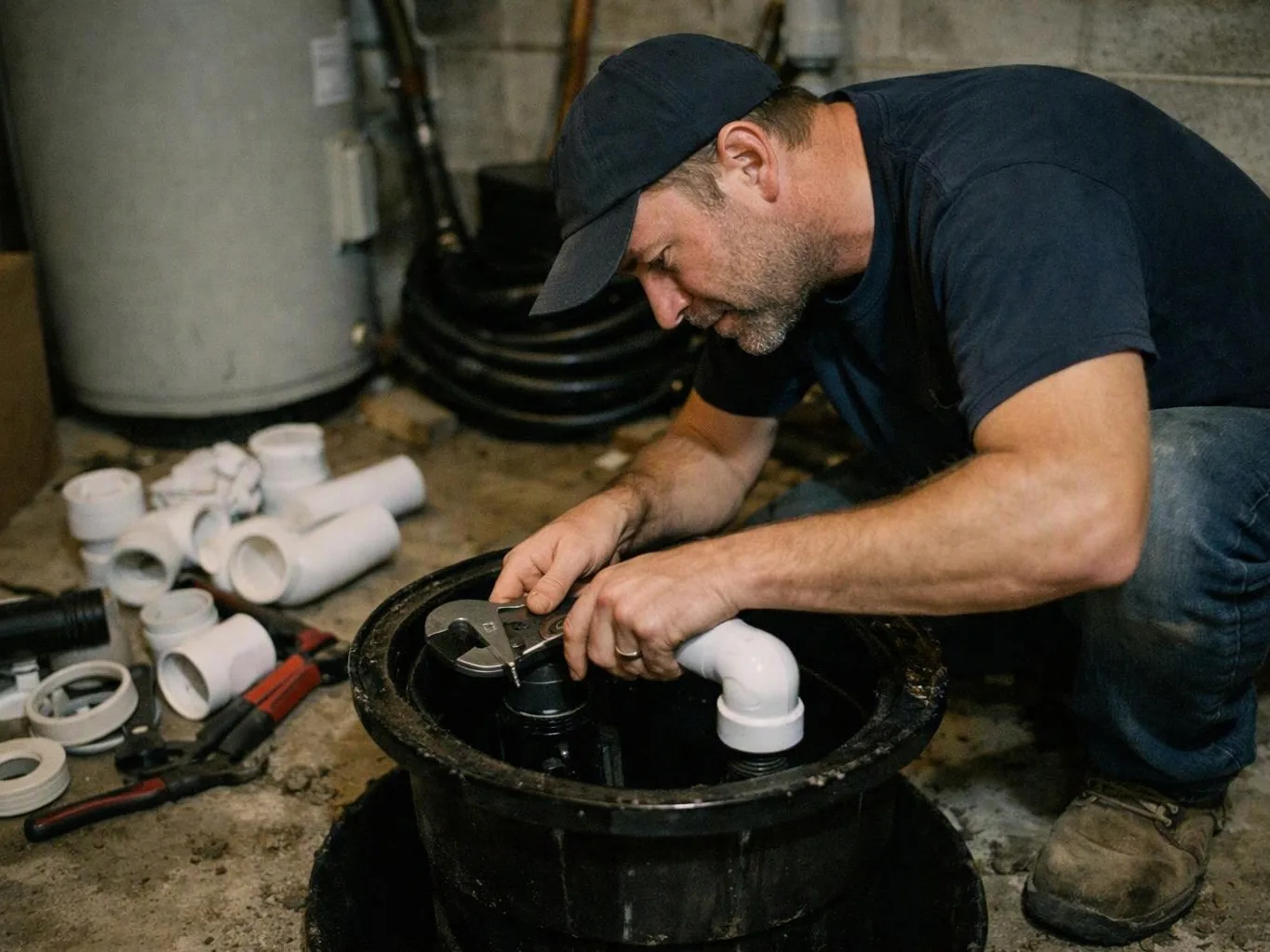 A man in a cap kneels on a basement floor, assembling white PVC pipes inside a black sump pit