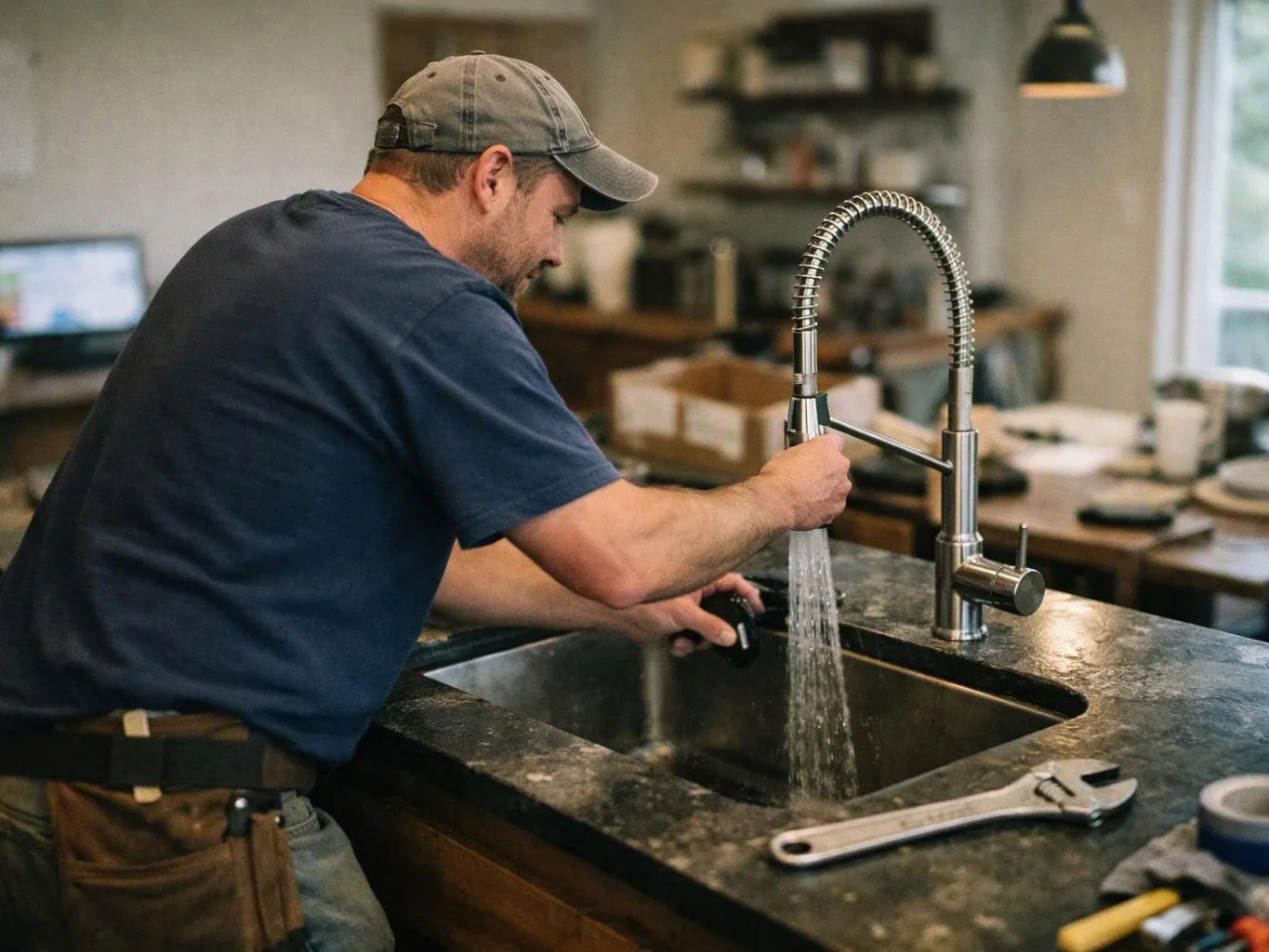 A man in a cap rinses a sink faucet in a kitchen, with tools on the counter