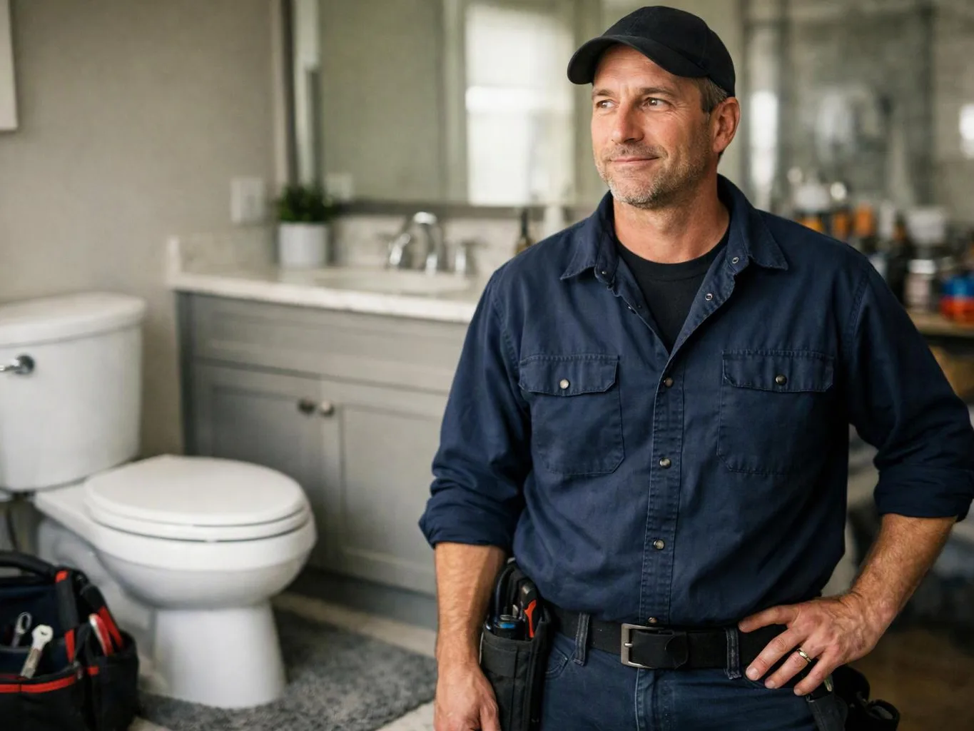 A man in a cap and work clothes stands in a bathroom beside a toilet and sink, with tools at his waist