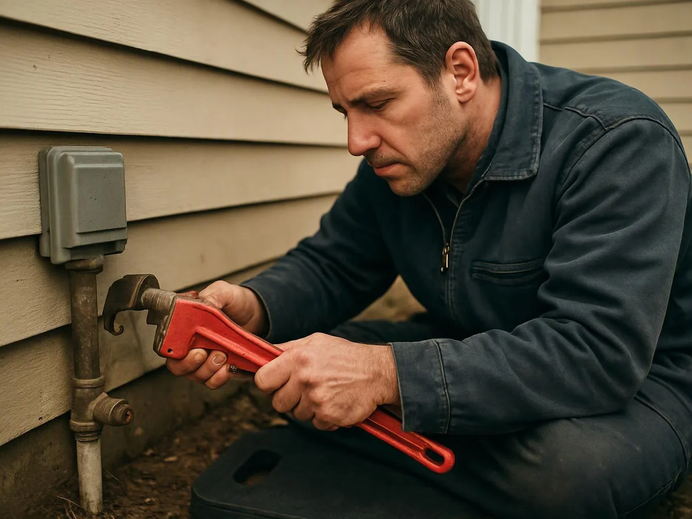 A man crouches beside a house wall, tightening a metal pipe with a red wrench