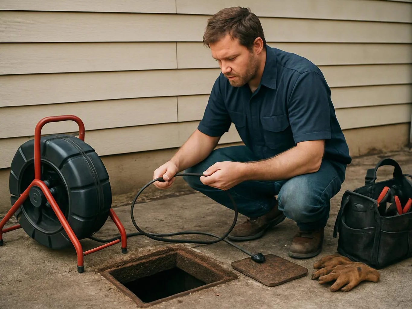 A man crouches beside an open drain, feeding a cable from a reel on a concrete driveway