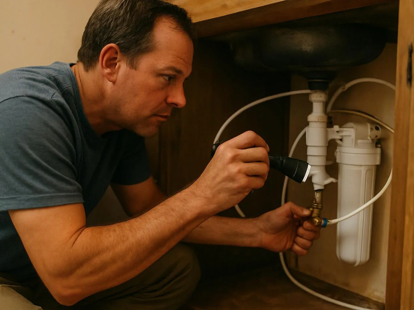 A man crouches under a sink, inspecting plumbing with a flashlight in a wooden cabinet