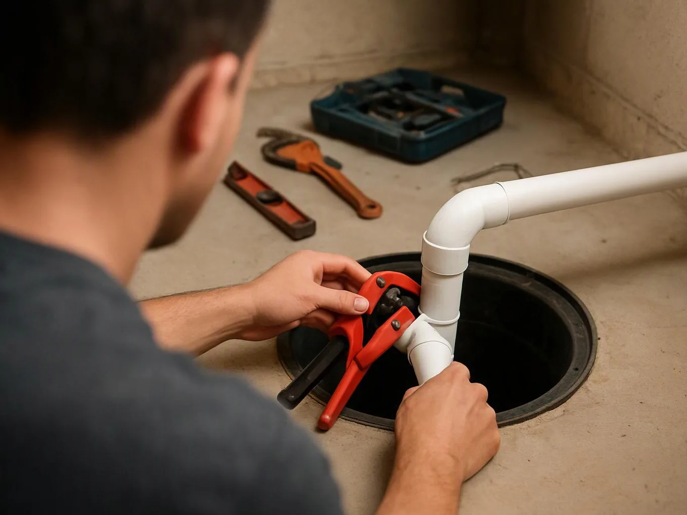 A man fits white PVC pipes into a basement floor opening with red clamps, with tools nearby