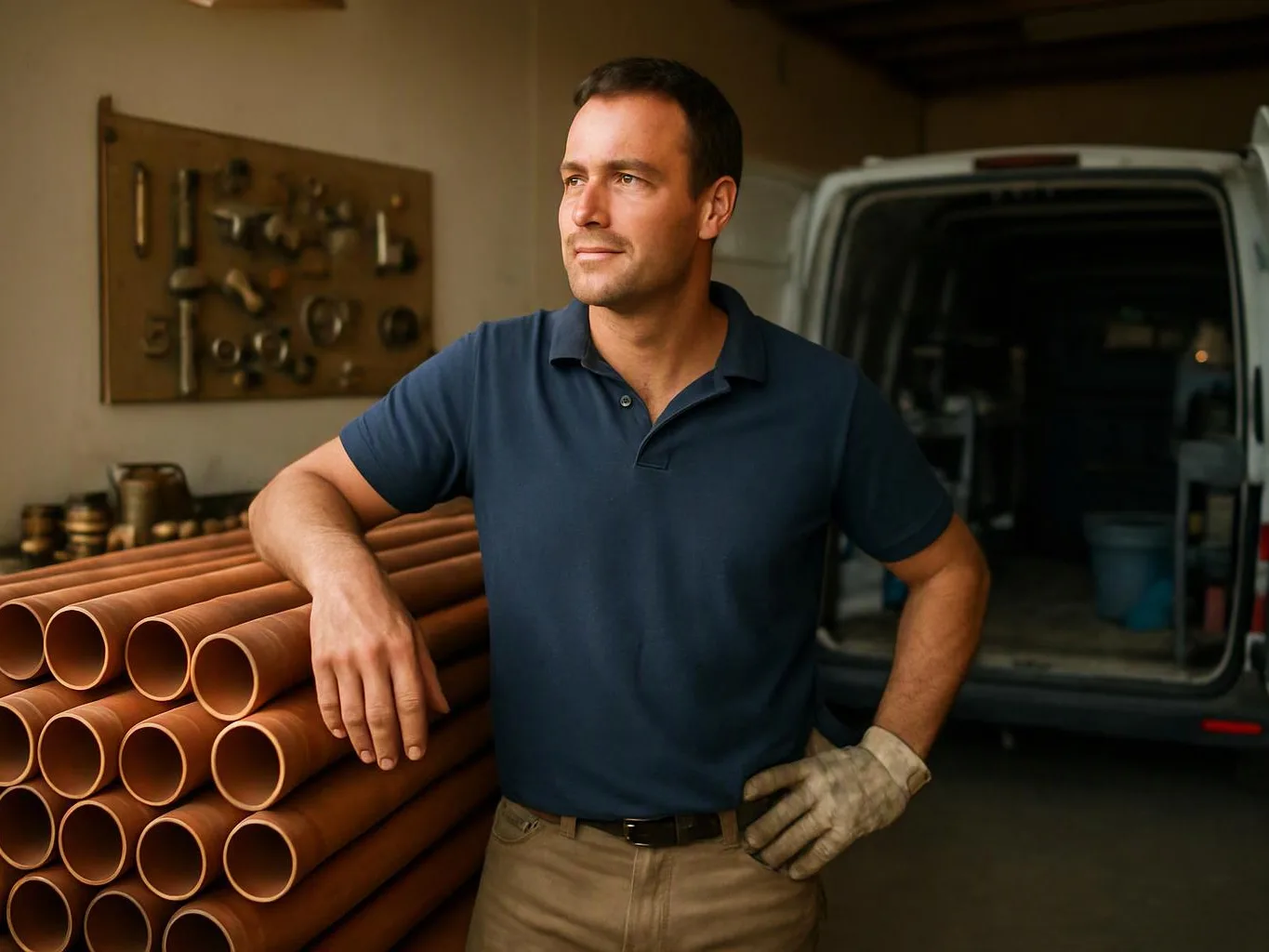 A man in a garage leans on stacked copper pipes beside an open van