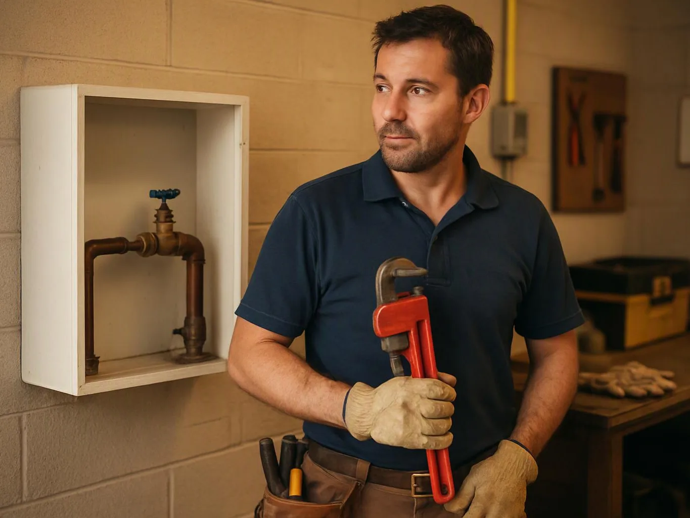 A man in gloves holds a red pipe wrench beside exposed copper plumbing in a workshop