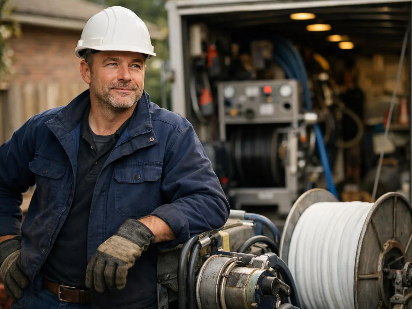 A man in a hard hat and gloves stands beside cable reels and equipment at a worksite