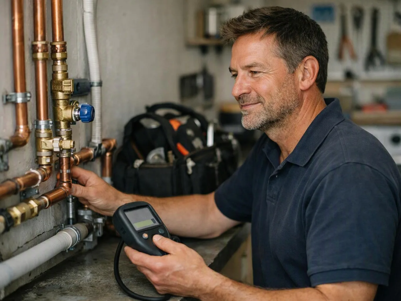 A man inspects copper pipes with a handheld meter in a workshop setting