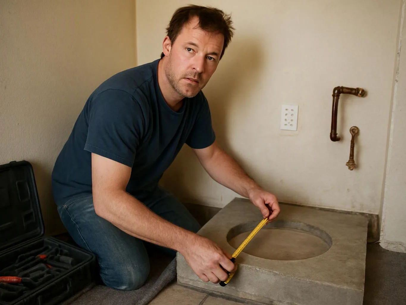 A man kneels beside a concrete sink base, measuring its top with a tape measure in a bare room