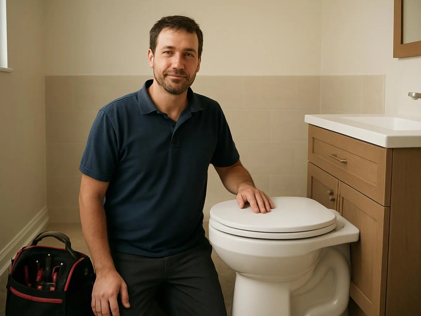 A man kneels beside a toilet in a bathroom, with a tool bag on the floor and a vanity nearby