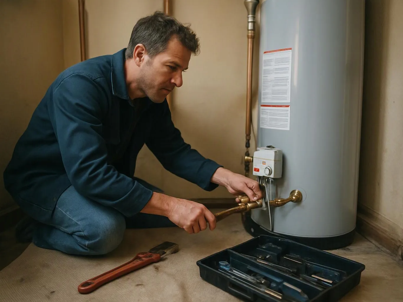 A man kneels beside a water heater, tightening a brass pipe with tools spread on the floor