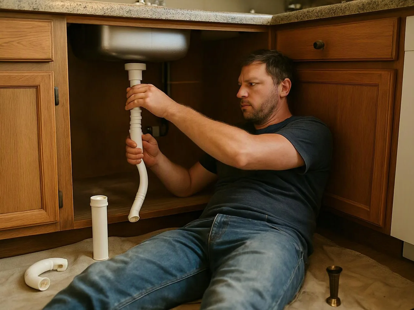 A man lies under a wooden sink cabinet, assembling white drain pipes beside the basin
