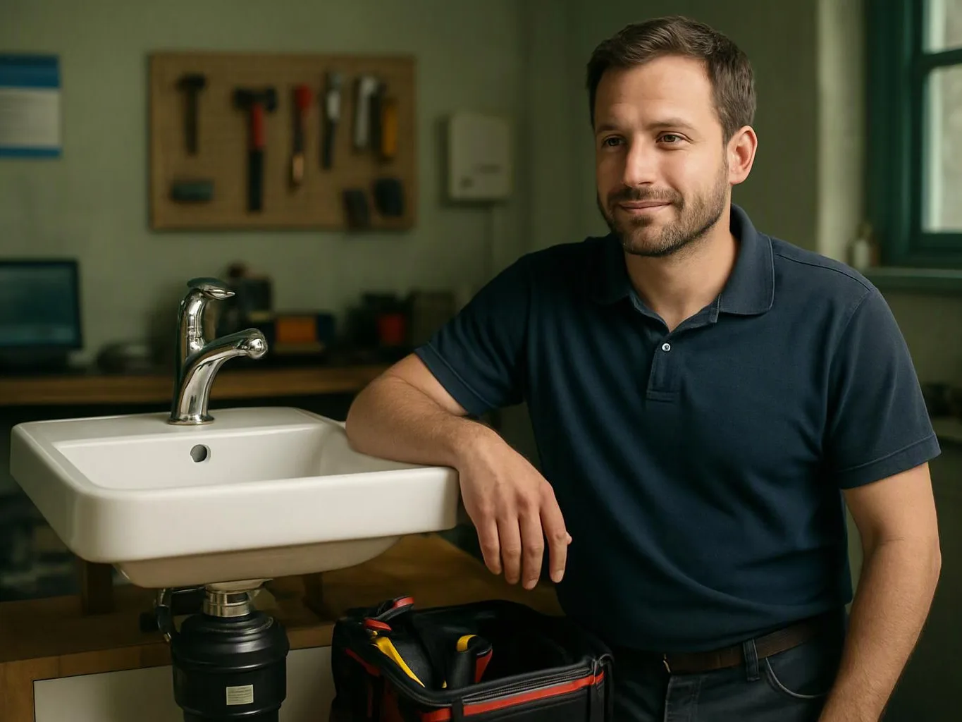 A man in a navy polo leans on a white sink in a workshop with tools on the wall