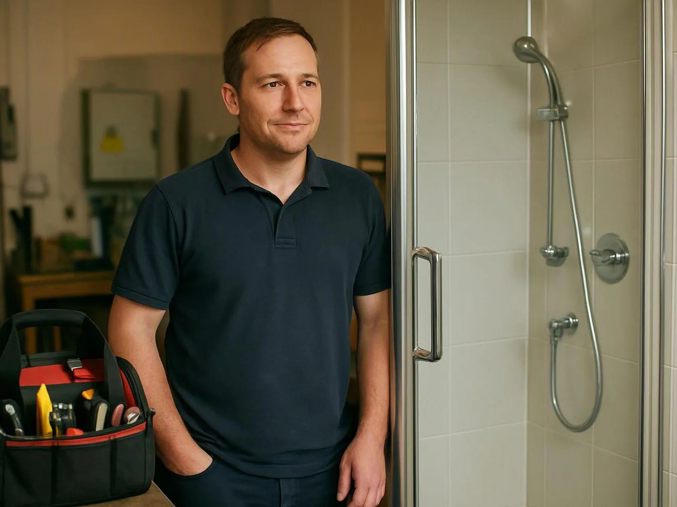A man in a navy polo stands beside a glass shower stall with a tool bag on a table