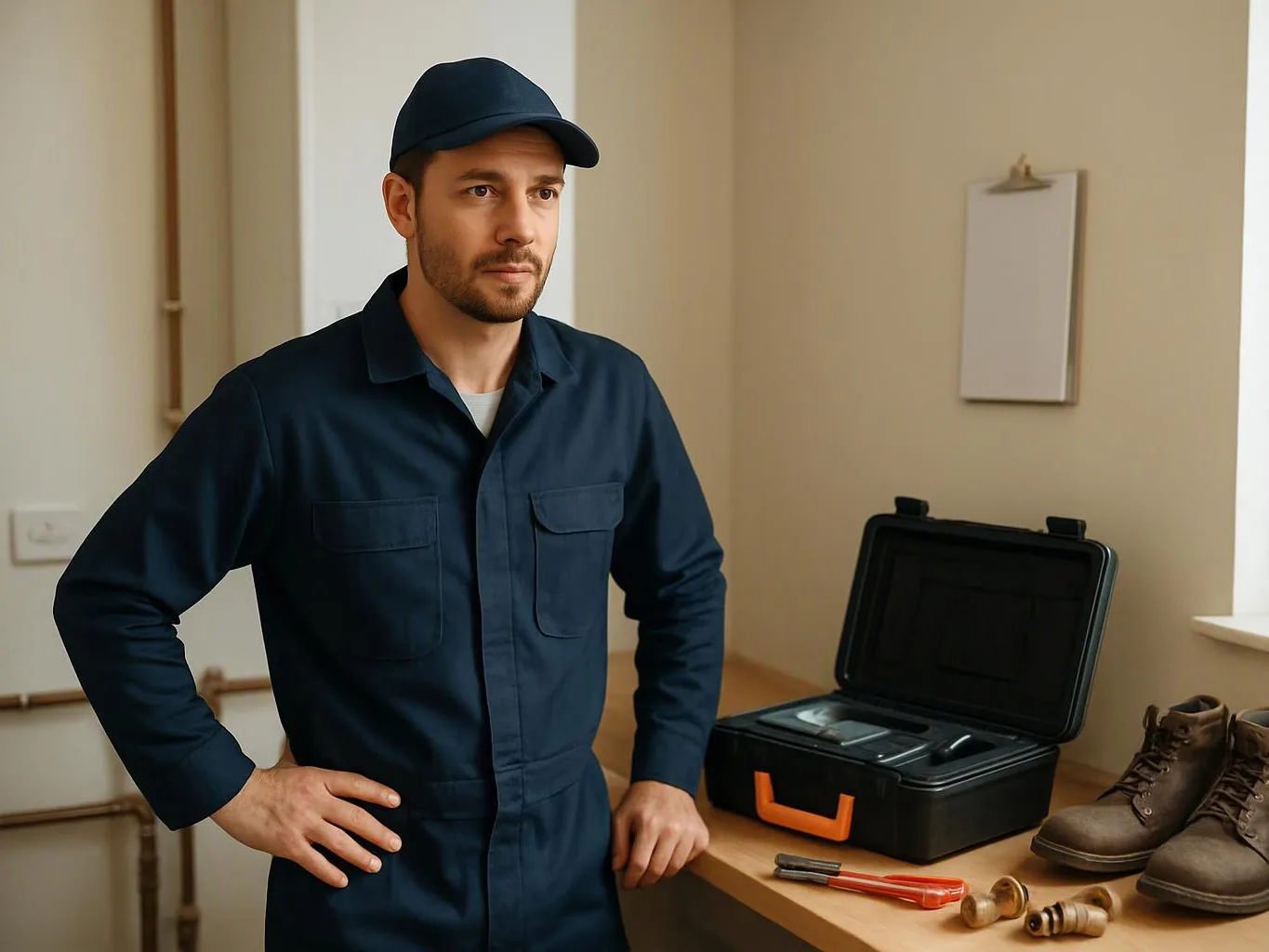A man in a navy work uniform stands in a room beside an open black tool case and boots