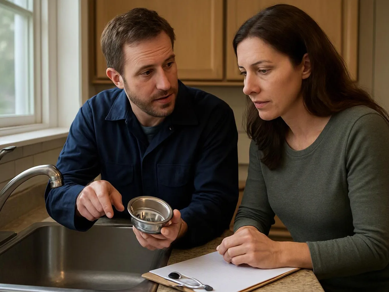 A man points at a metal sink strainer while talking with a woman over a kitchen counter