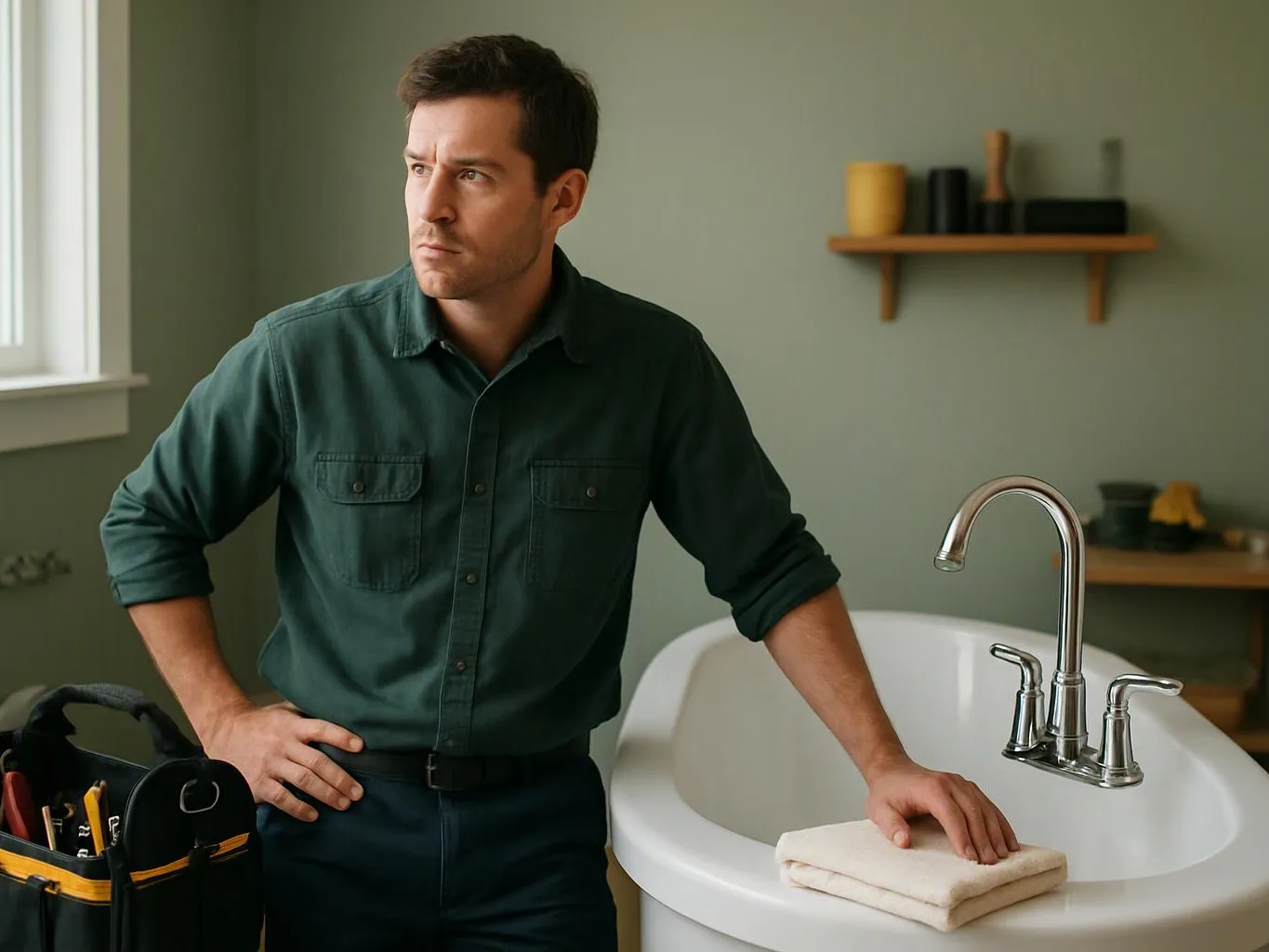 A man stands beside a sink in a kitchen or utility room, looking left with one hand on a folded towel