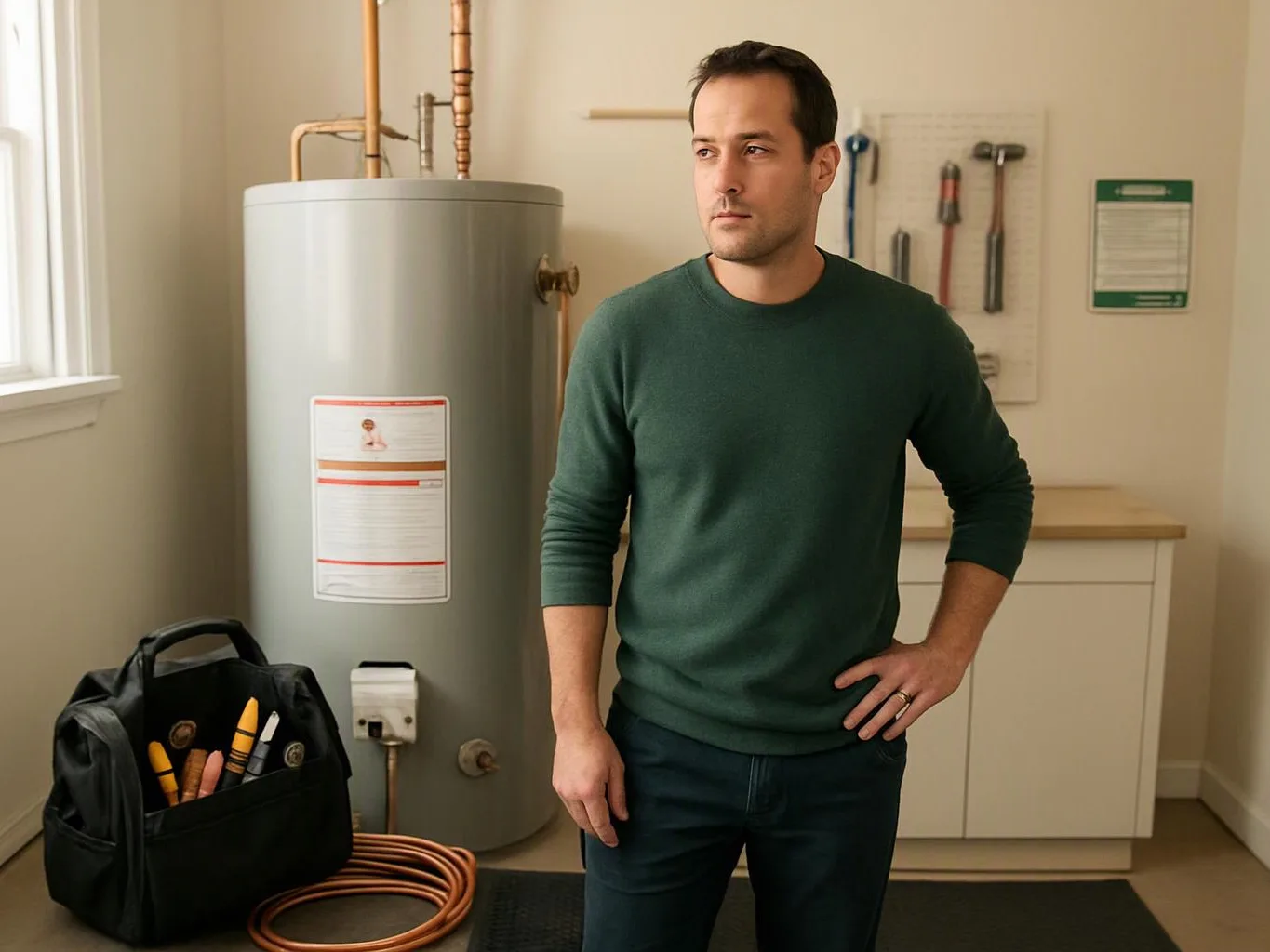 A man stands in a utility room beside a water heater, with tools and copper piping nearby