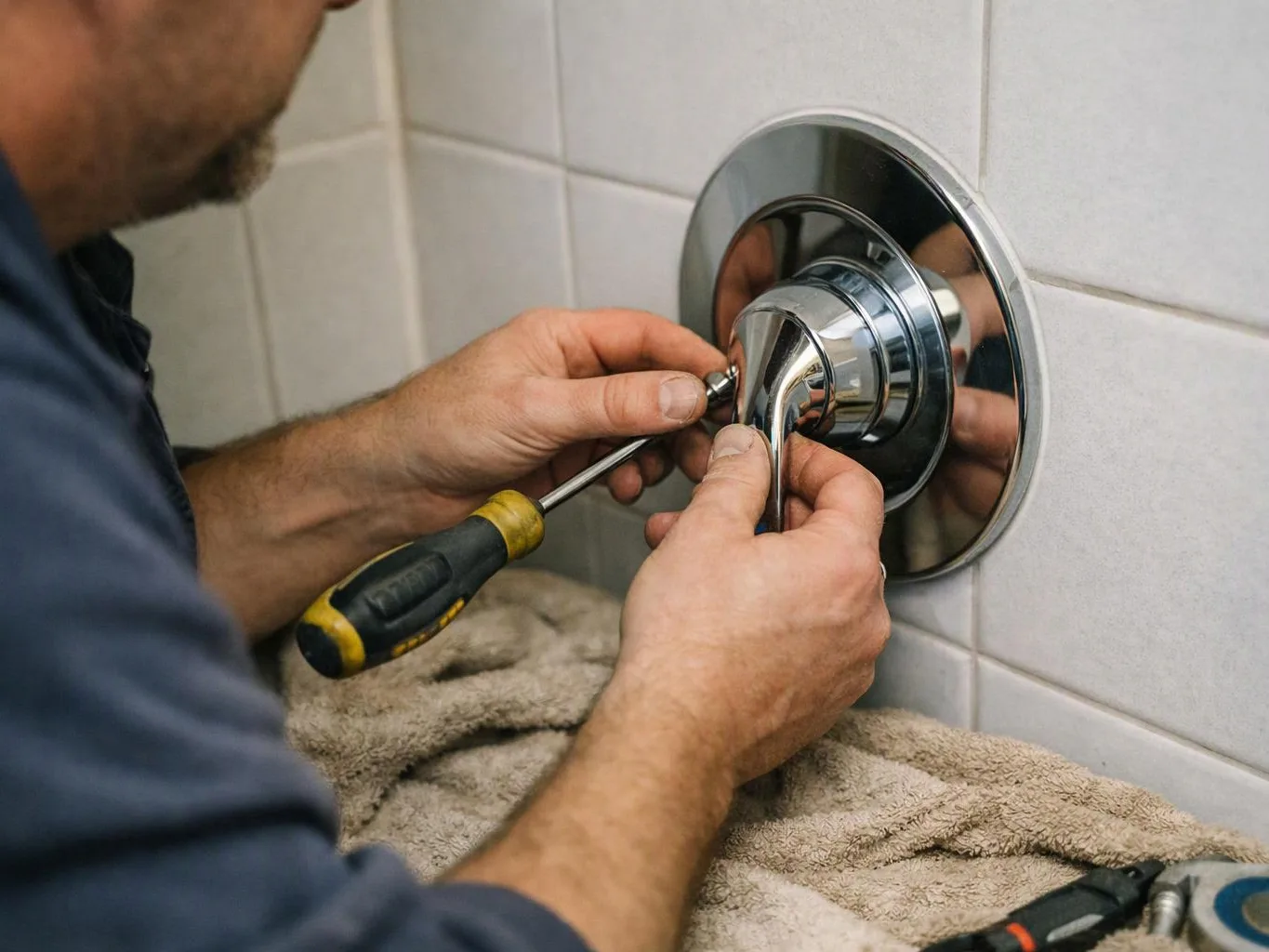 A man tightens a chrome shower fixture with a screwdriver against a tiled bathroom wall