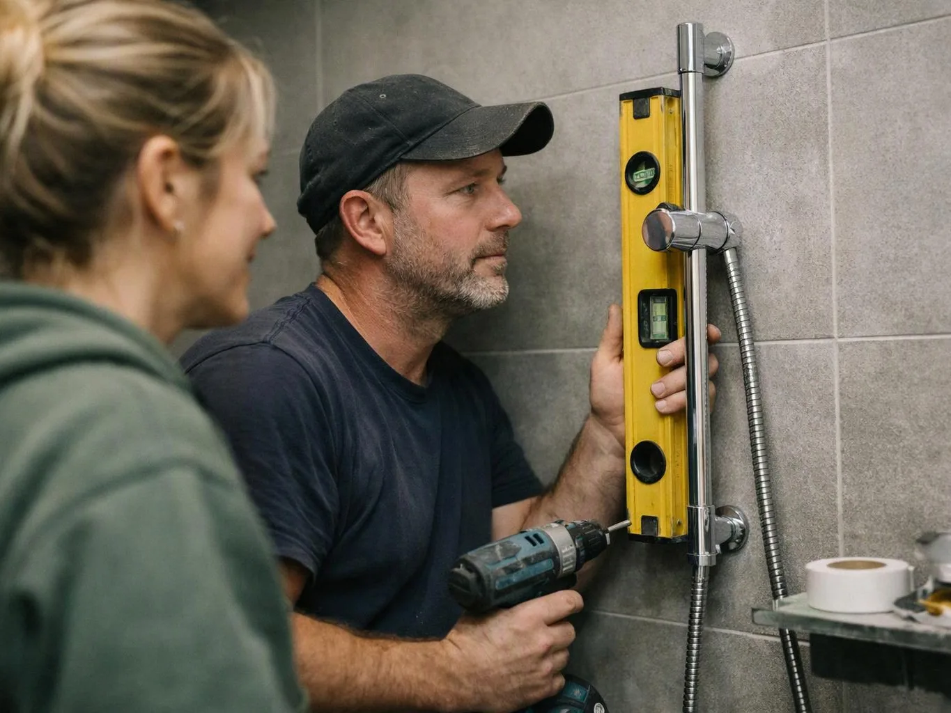 A man uses a drill and level to mount a shower bar while a woman watches in a tiled bathroom