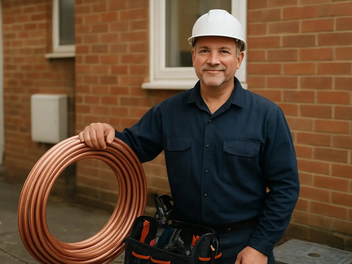 A man in a white hard hat holds a coil of copper pipe beside a brick building