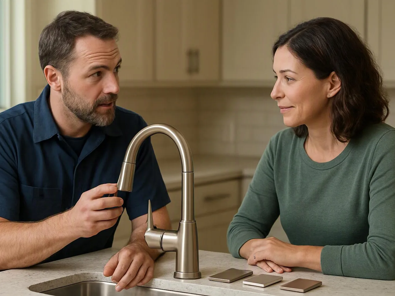 A man and woman inspect a modern kitchen faucet while sitting at a counter in a bright kitchen