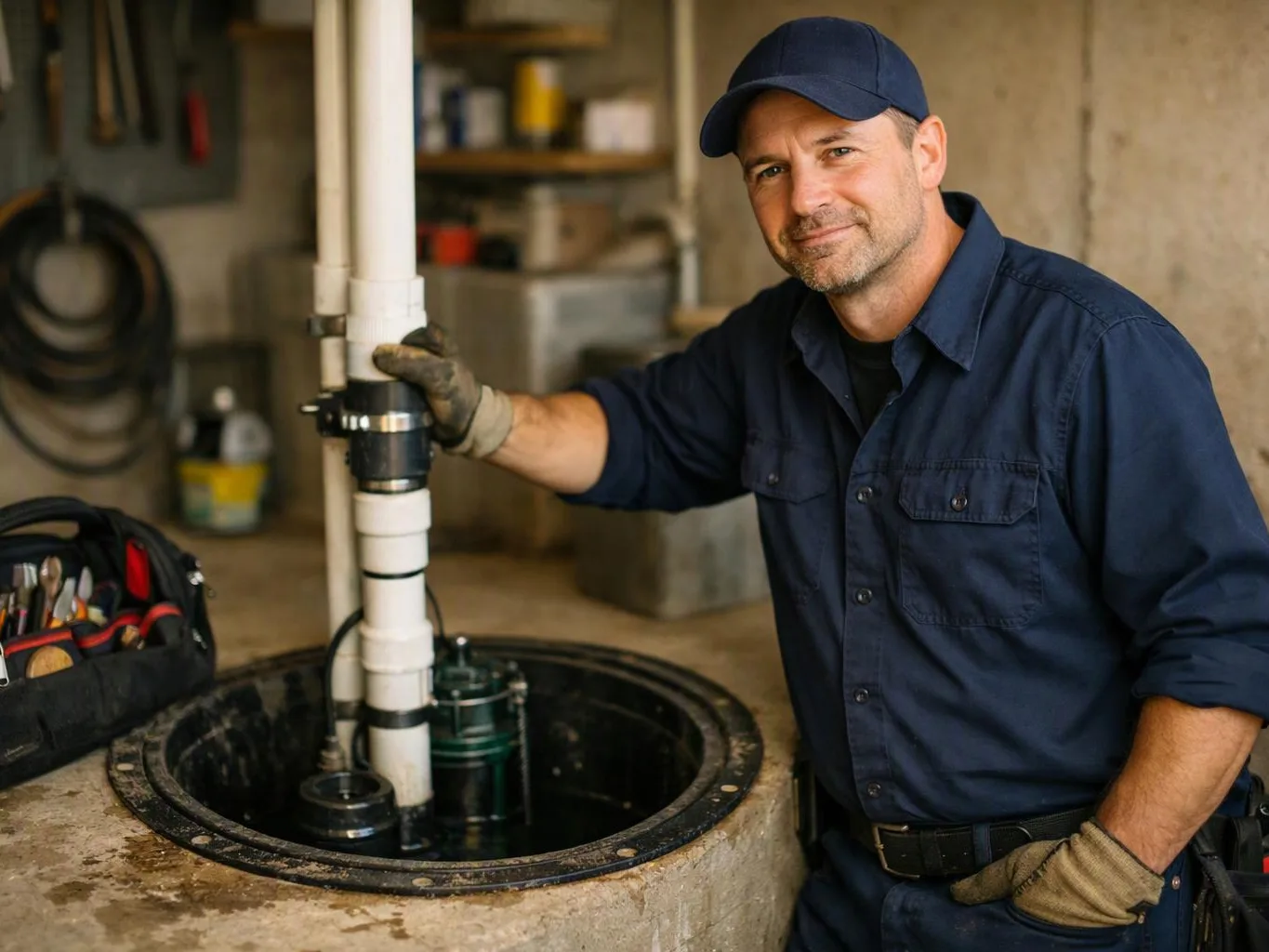 A man in work clothes stands beside an open floor tank, holding a white pipe in a workshop