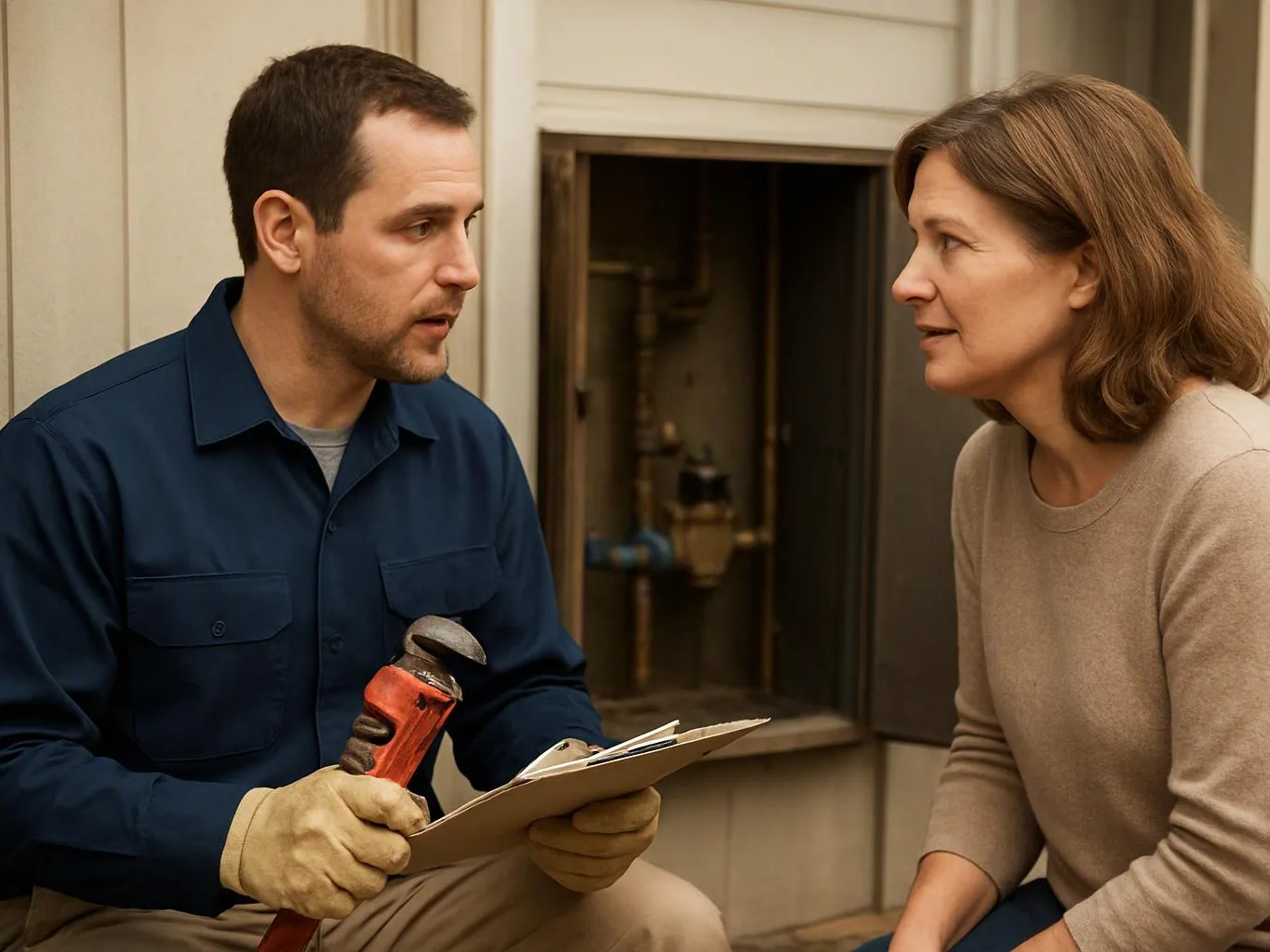 A man in work gloves holds a wrench and clipboard while talking to a woman beside an open utility panel