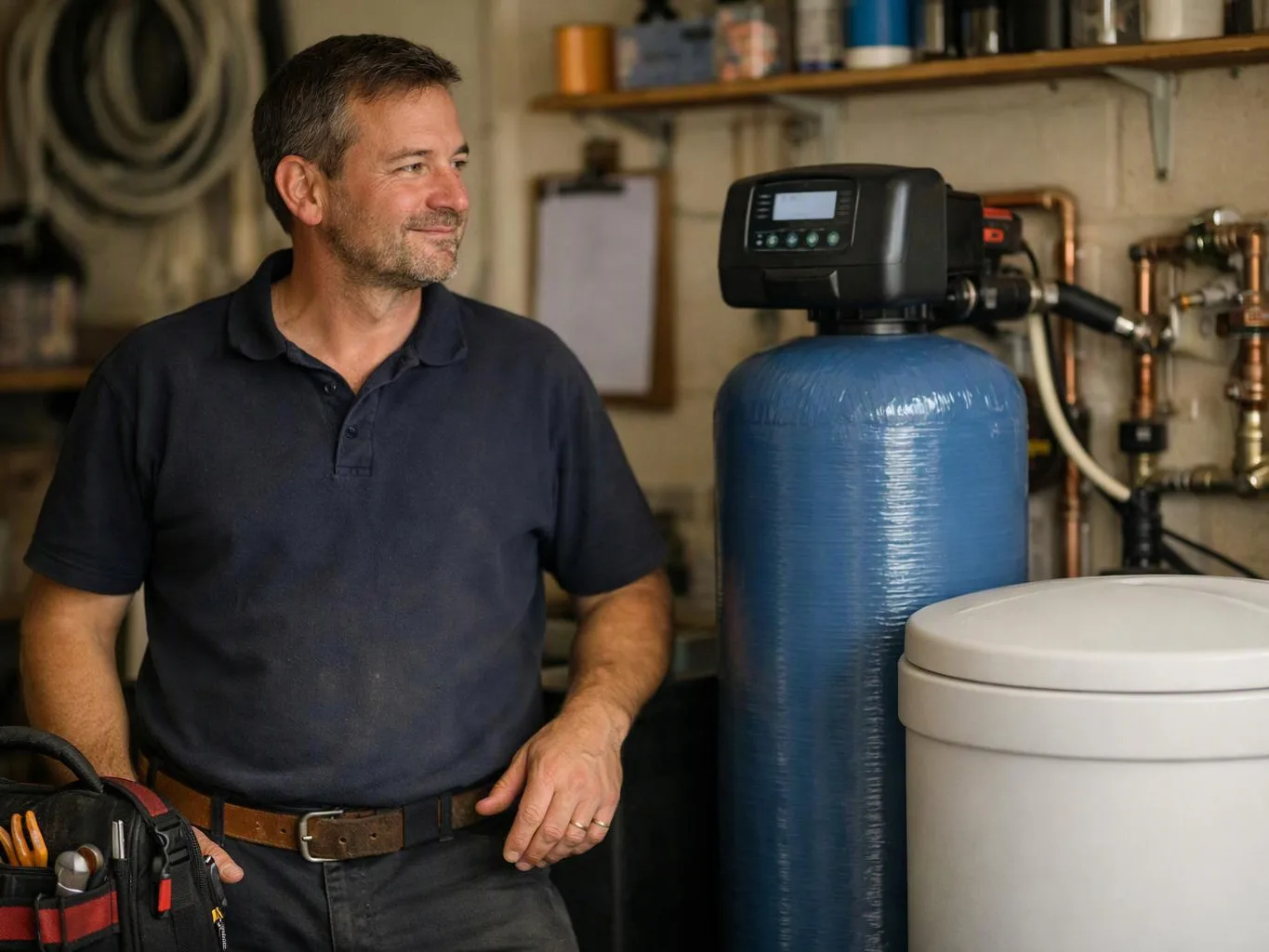 A man in a workshop stands beside a blue water treatment tank and white storage container
