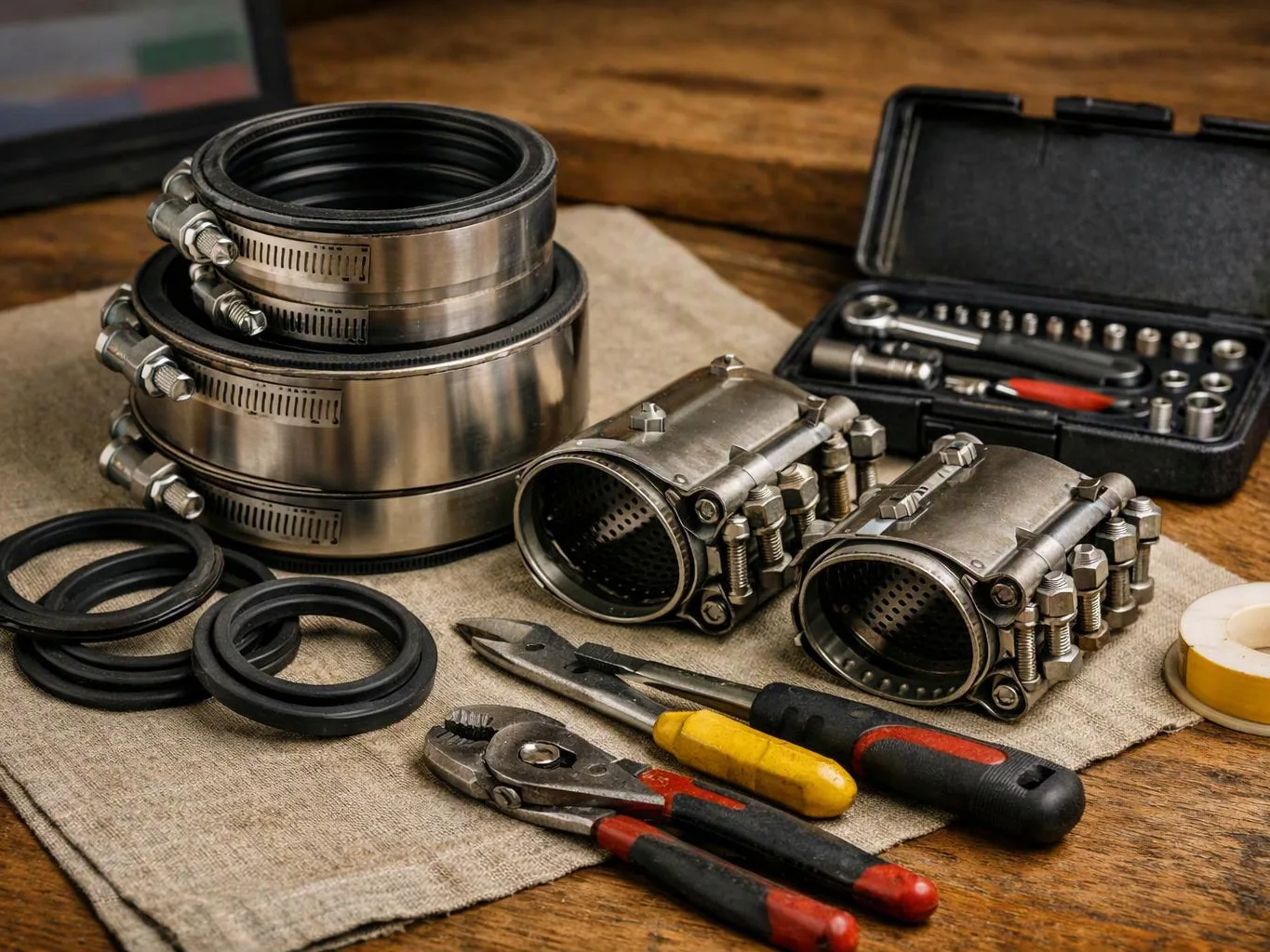 Metal hose clamps, seals, and hand tools are arranged on a cloth-covered wooden workbench