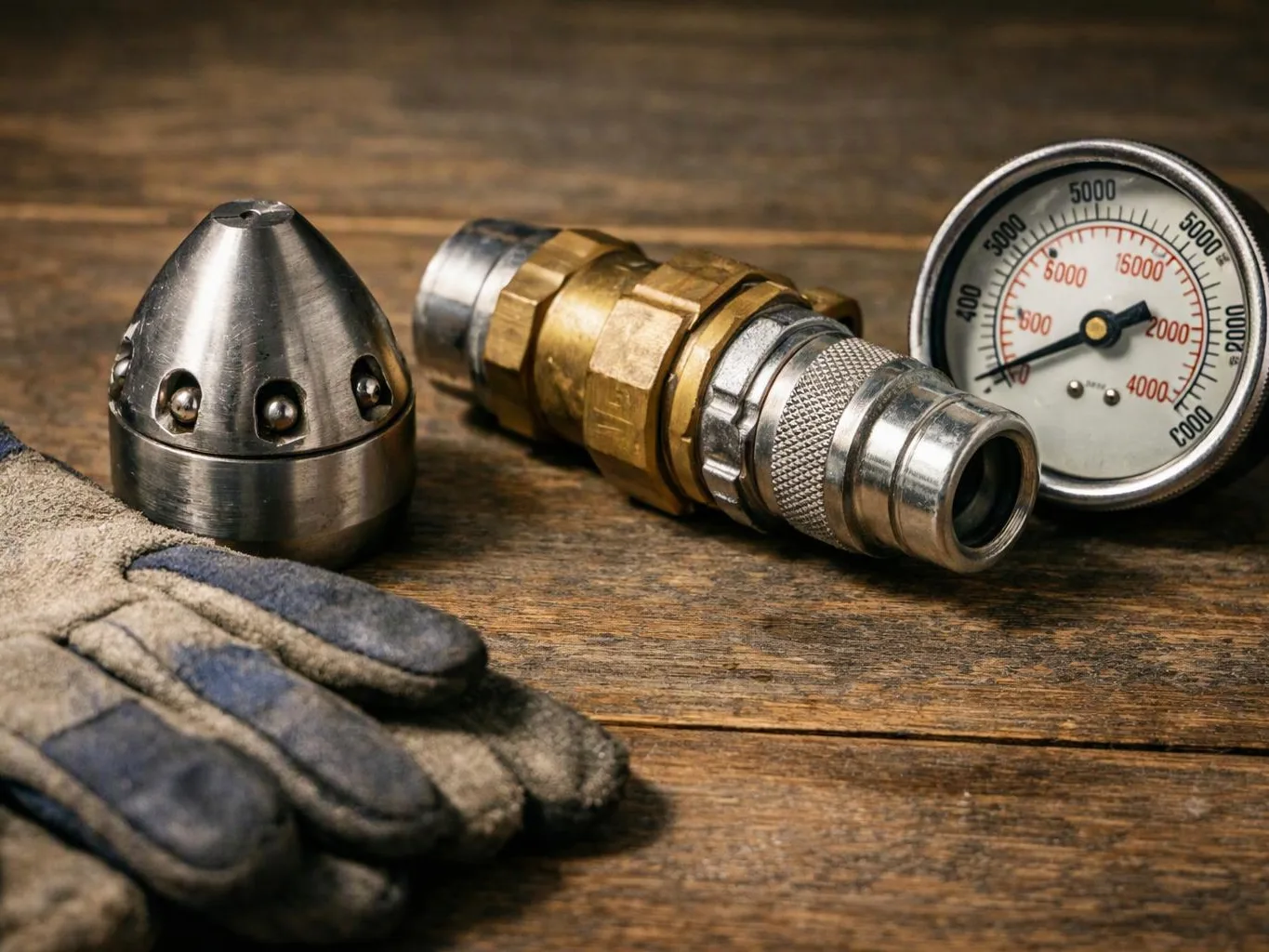 Metal nozzle parts, a pressure gauge, and worn work gloves rest on a wooden workbench