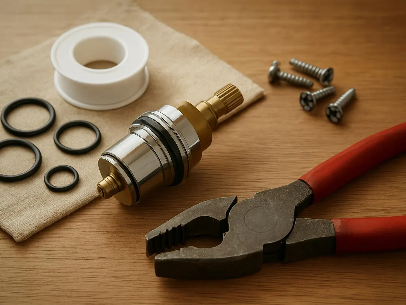 A metal plumbing valve, rubber rings, screws, tape, and red-handled pliers lie on a wooden table