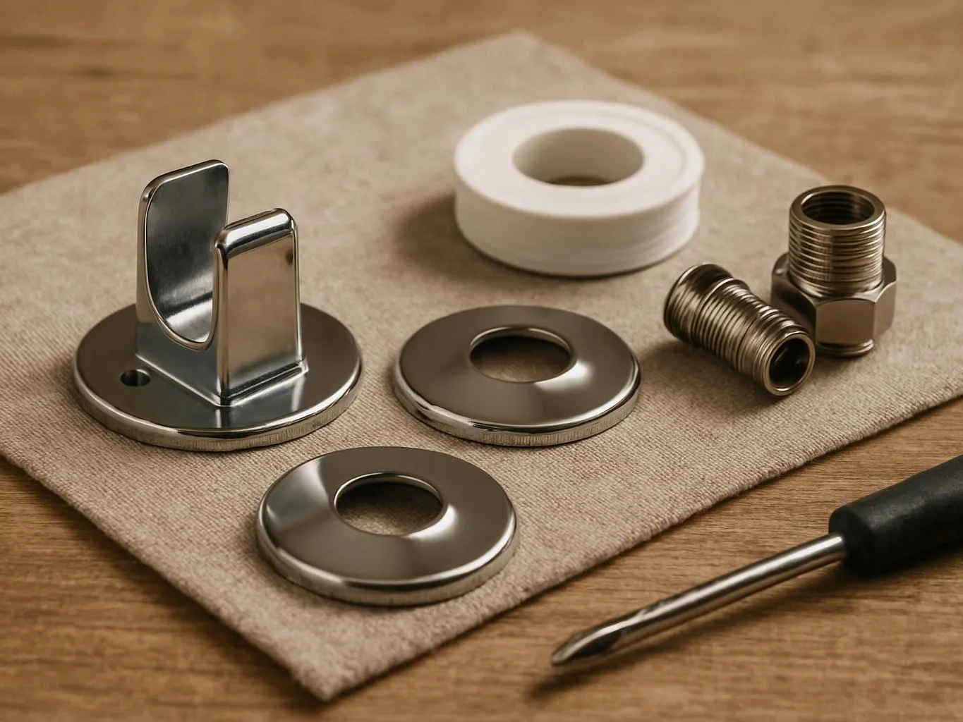 Metal and white hardware parts sit on a cloth, with a screwdriver on a wooden table
