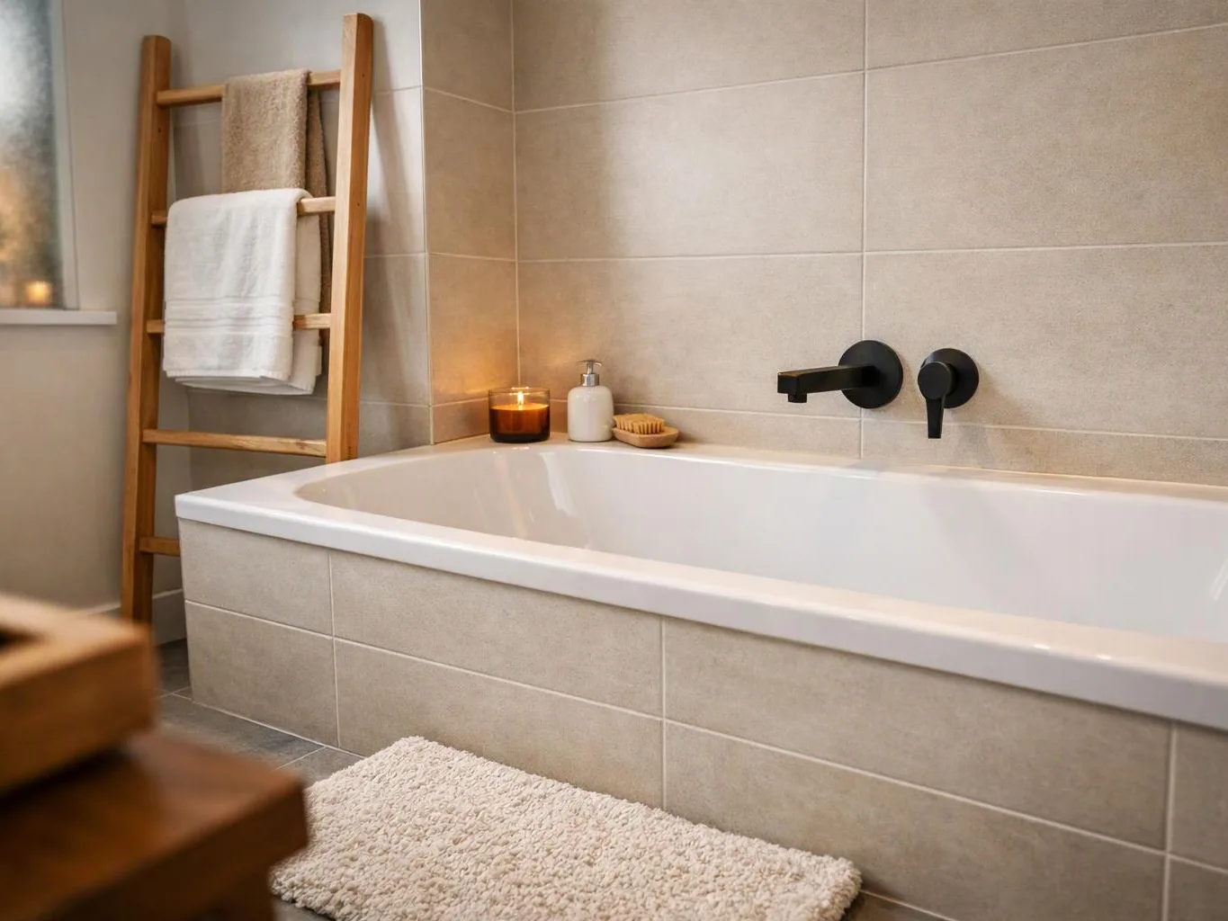 A modern bathroom shows a white bathtub, black wall faucets, a wooden towel ladder, and a lit candle