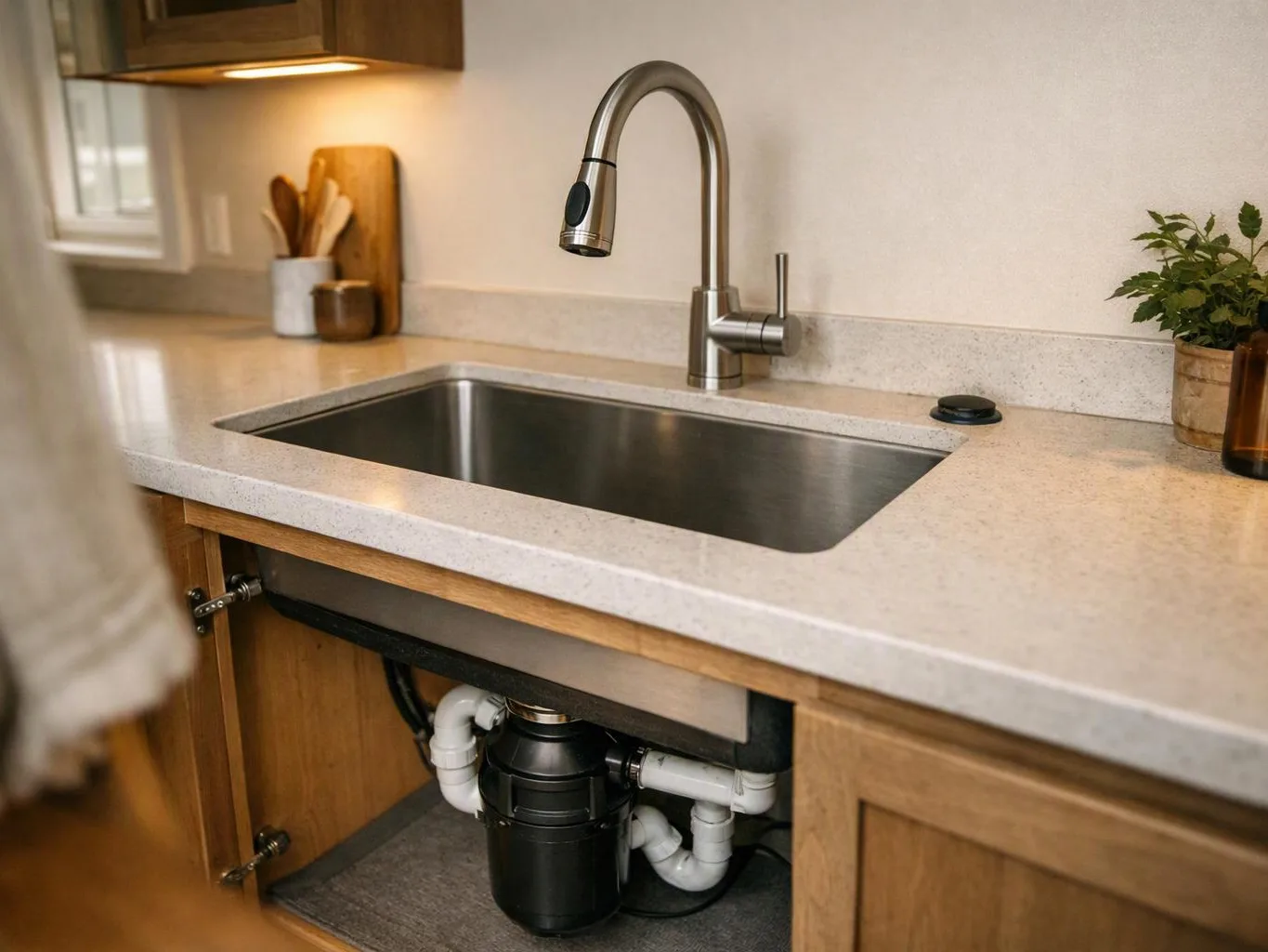 A modern kitchen sink sits in a light countertop, with open cabinet plumbing visible below