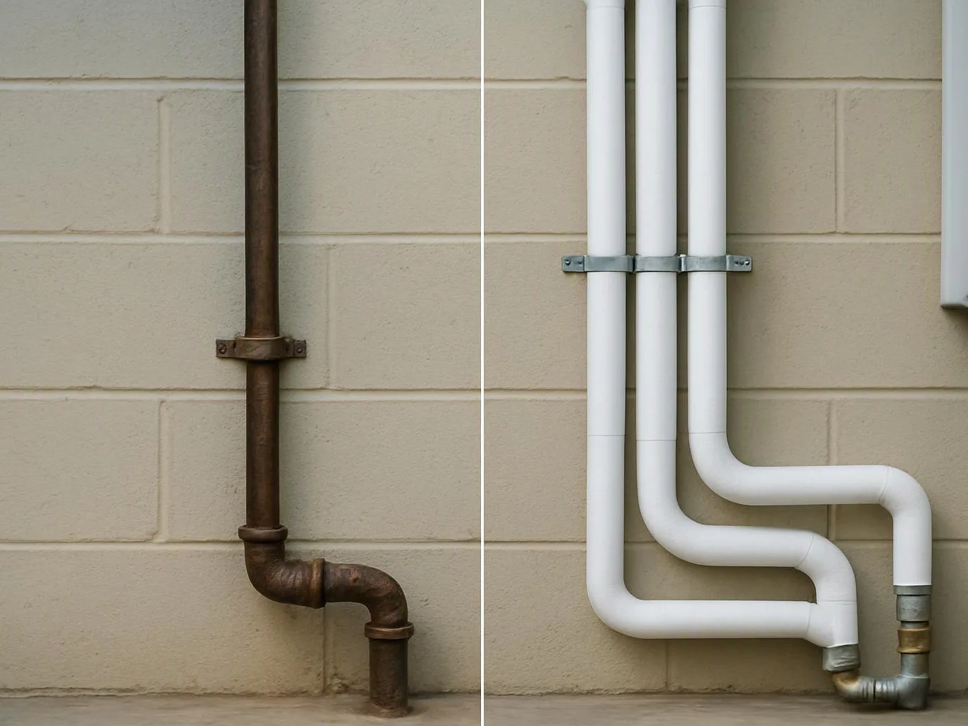 Old rusted pipes beside newer white pipes run vertically and bend near the bottom on a beige wall